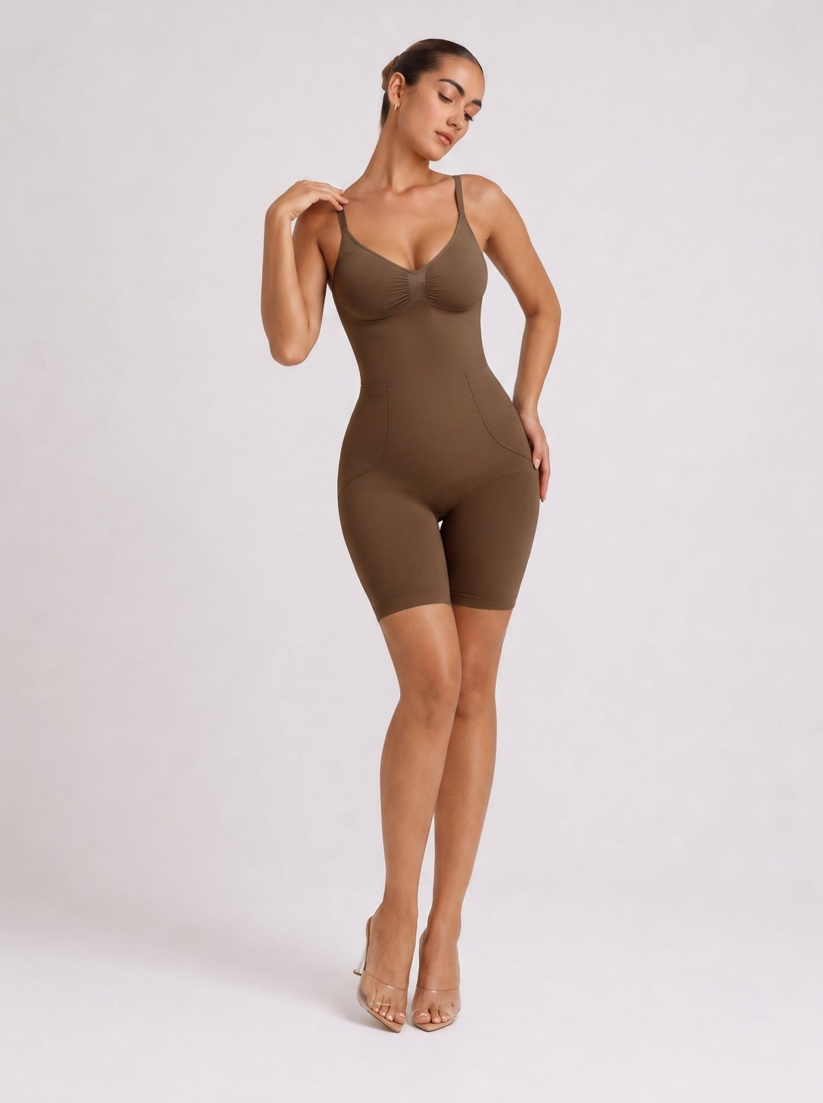 YUCOLEN Women's Seamless Tummy Control Bodysuit with Back Pull-Down Design in Dark Brown