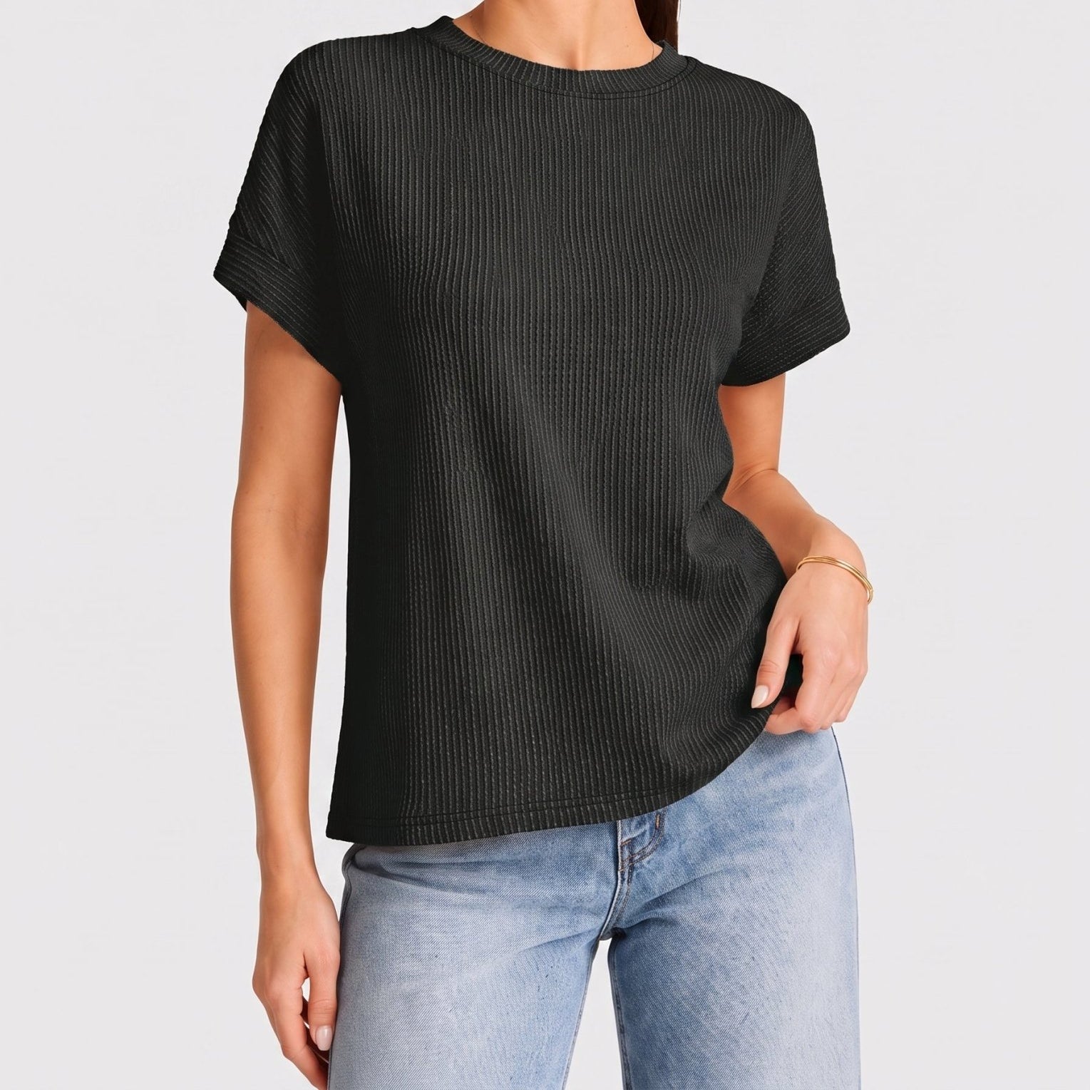 YUCOLEN Women's Oversized Ribbed Knit Short Sleeve T-Shirt Loose Batwing Casual Top in Dark Gray