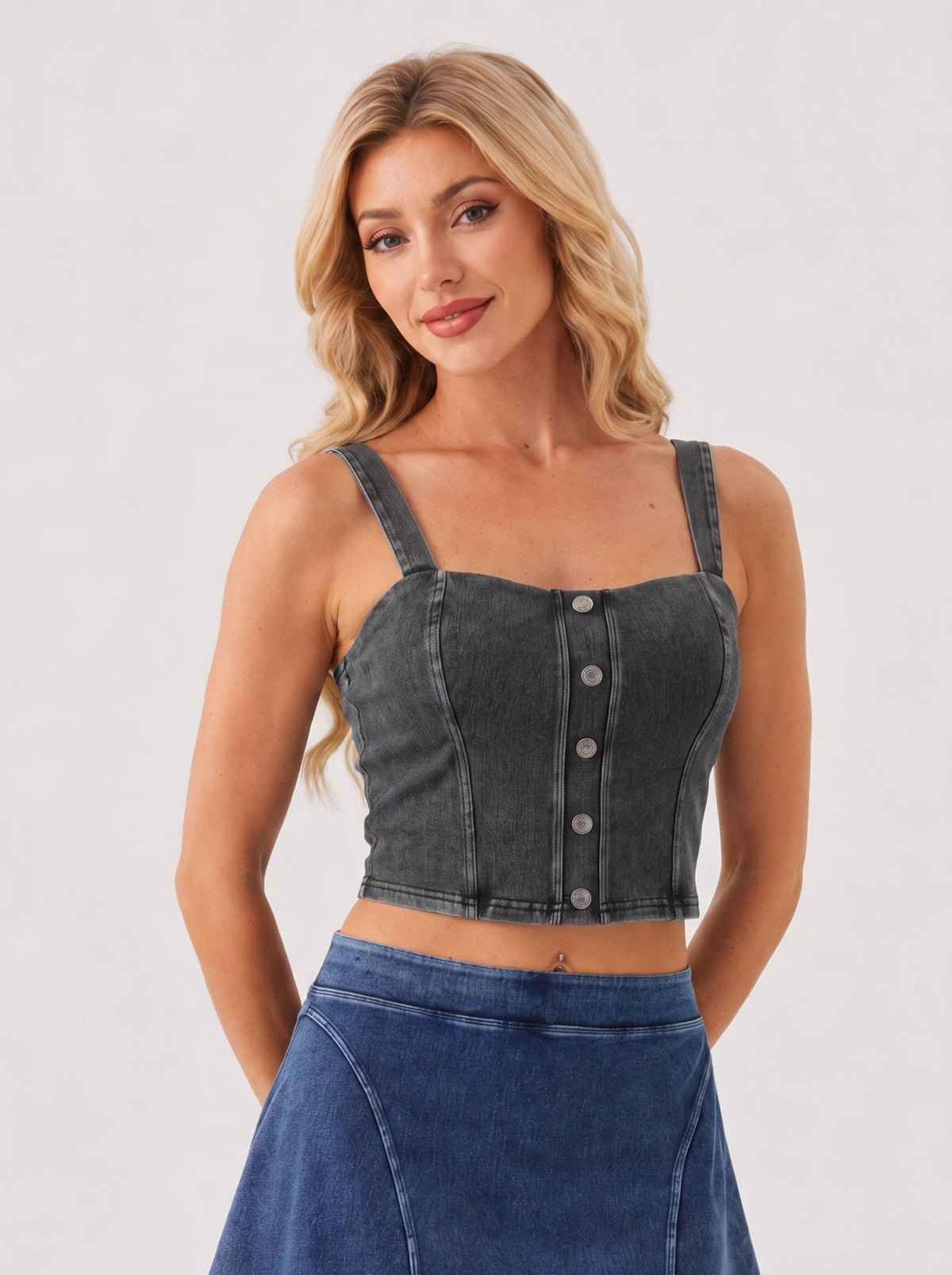 YUCOLEN Women's Square Neck Denim Look Tank Top with Built-in Bra Slim Fit Crop Workout Top in Dark Gray