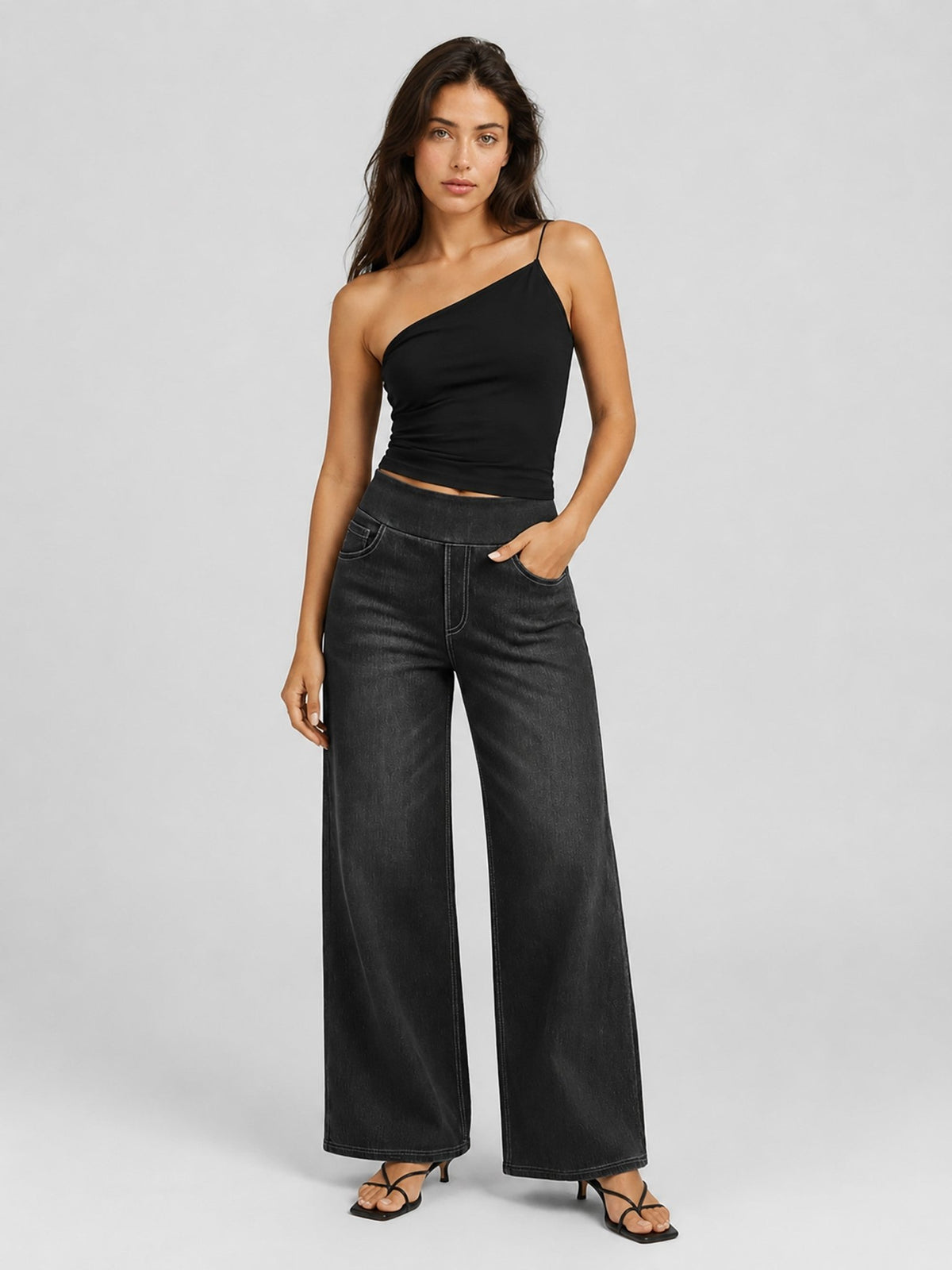 YUCOLEN Women's Wide Leg Jeans Stretchy High Waist Tummy Control Trousers in Dark Gray