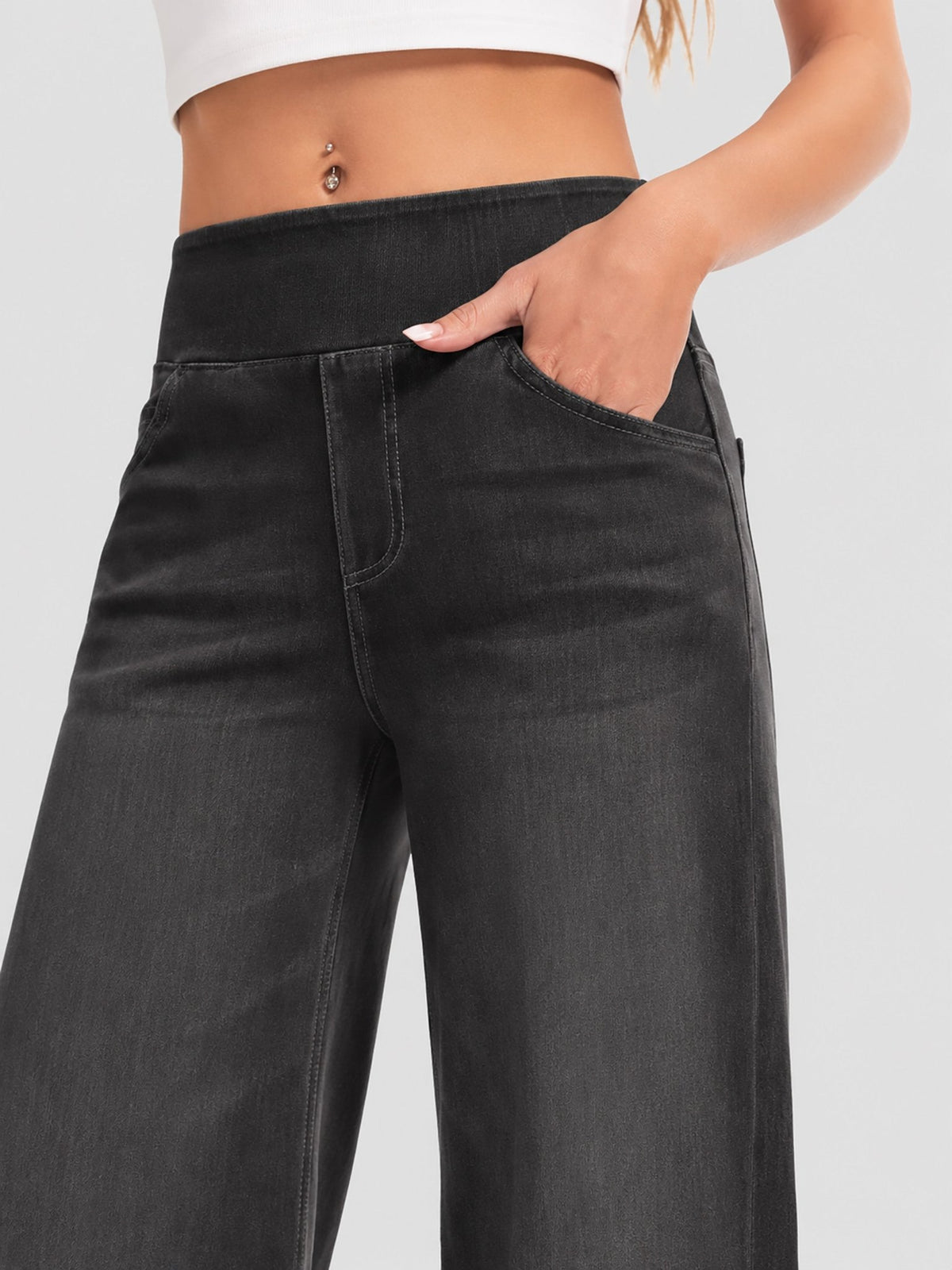 YUCOLEN Women's Wide Leg Jeans Stretchy High Waist Tummy Control Trousers in Dark Gray