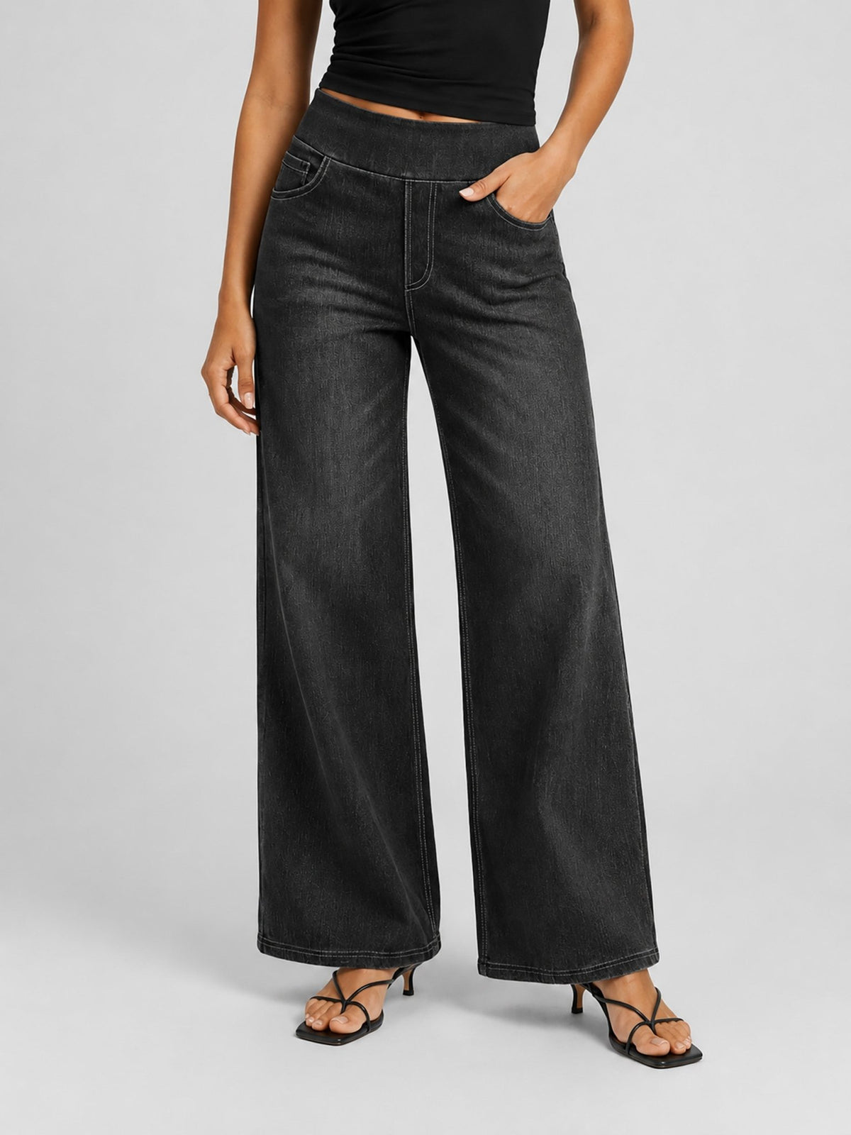 YUCOLEN Women's Wide Leg Jeans Stretchy High Waist Tummy Control Trousers in Dark Gray
