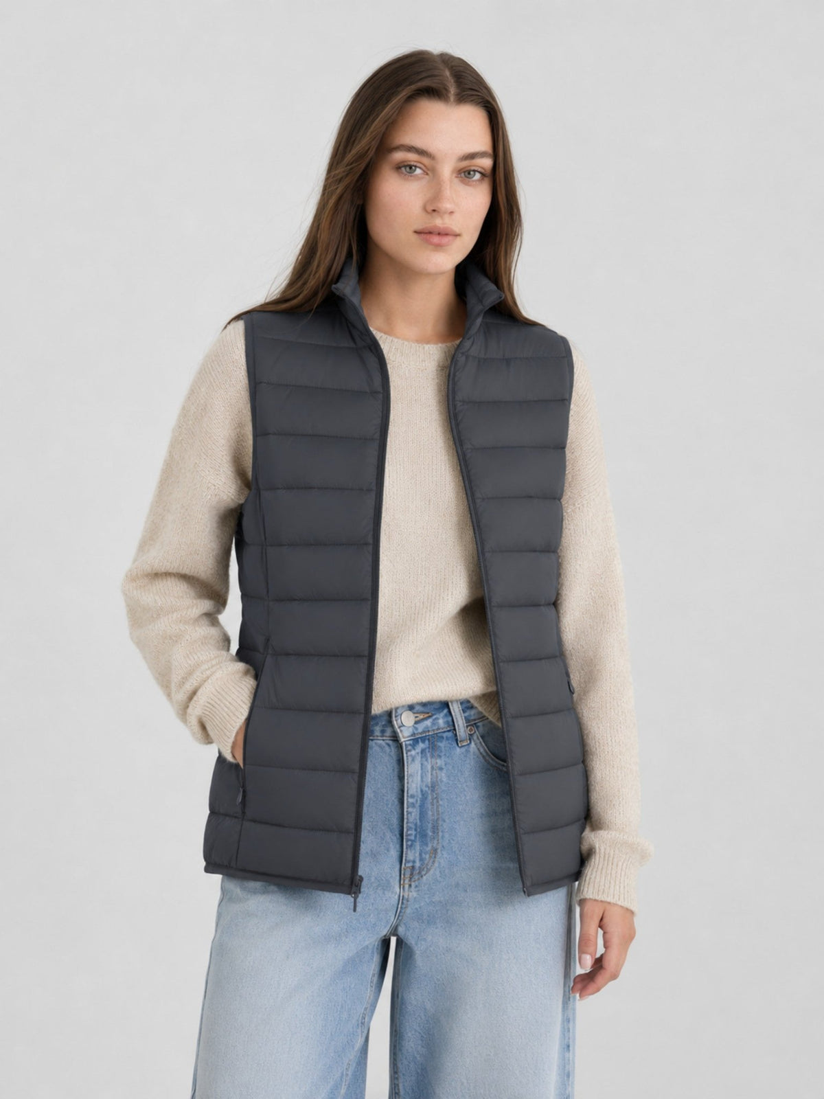 YUCOLEN Women's 270g Lightweight Down Quilted Puffer Vest Windproof Sleeveless Jacket in Dark Grey