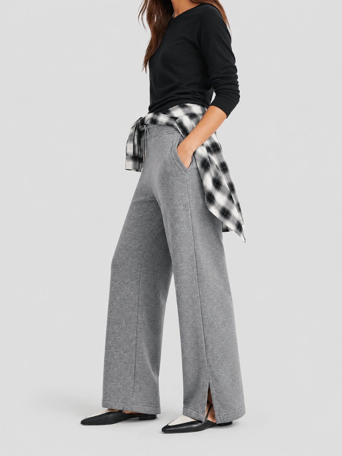 YUCOLEN Women's Fleece Lined Wide Leg Sweatpants Thermal Cotton Lounge Pants with Side Slits in Dark Grey