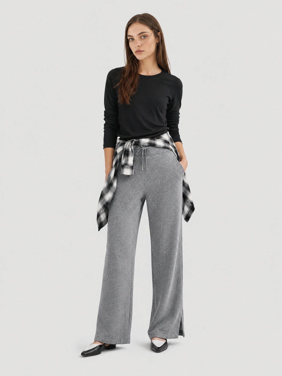 YUCOLEN Women's Fleece Lined Wide Leg Sweatpants Thermal Cotton Lounge Pants with Side Slits in Dark Grey