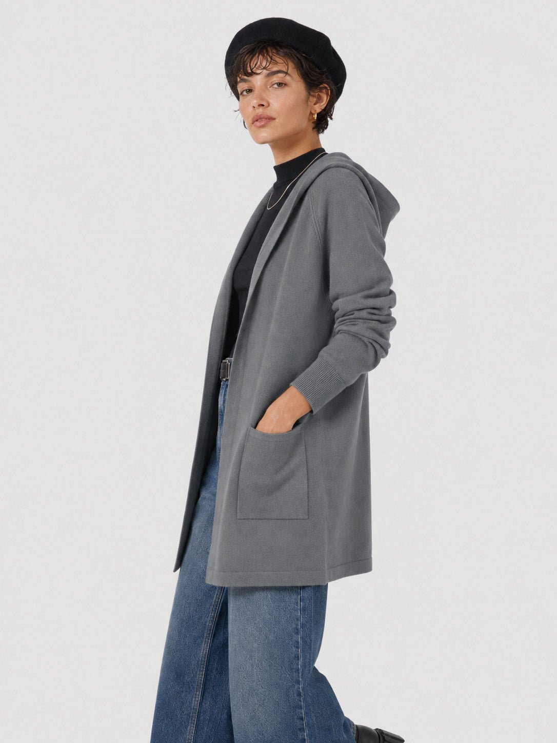 YUCOLEN Women's Hooded Open Front Cardigan Soft Knit Mid-Thigh Coatigan with Pockets in Dark Grey