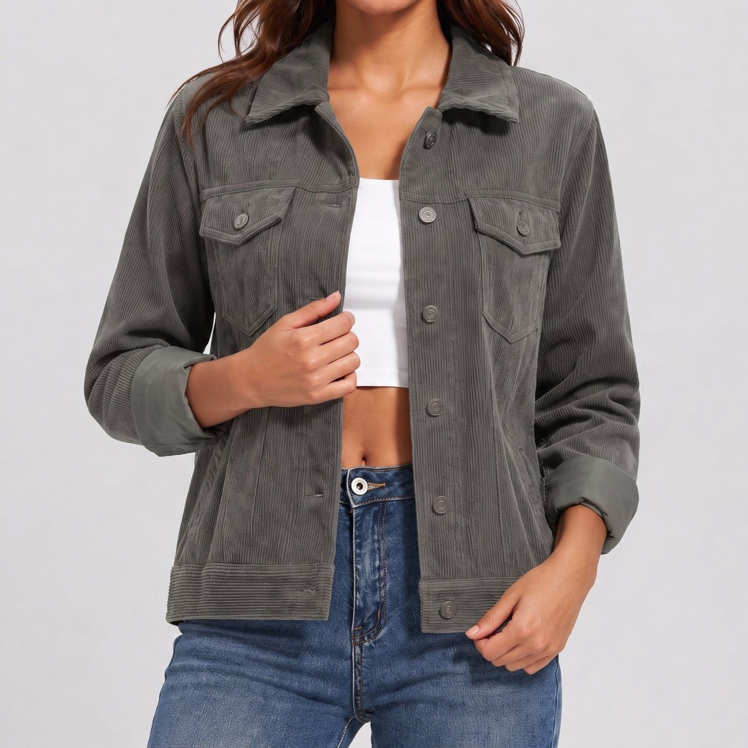 YUCOLEN Women's Lightweight Cropped Corduroy Shacket with 4 Pockets Button Down Casual Jacket in Dark Grey