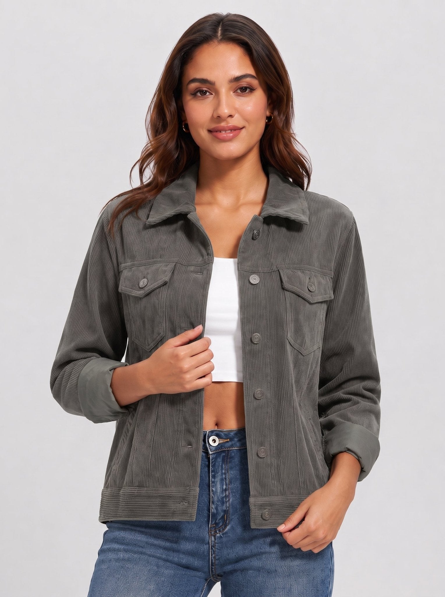 YUCOLEN Women's Lightweight Cropped Corduroy Shacket with 4 Pockets Button Down Casual Jacket in Dark Grey