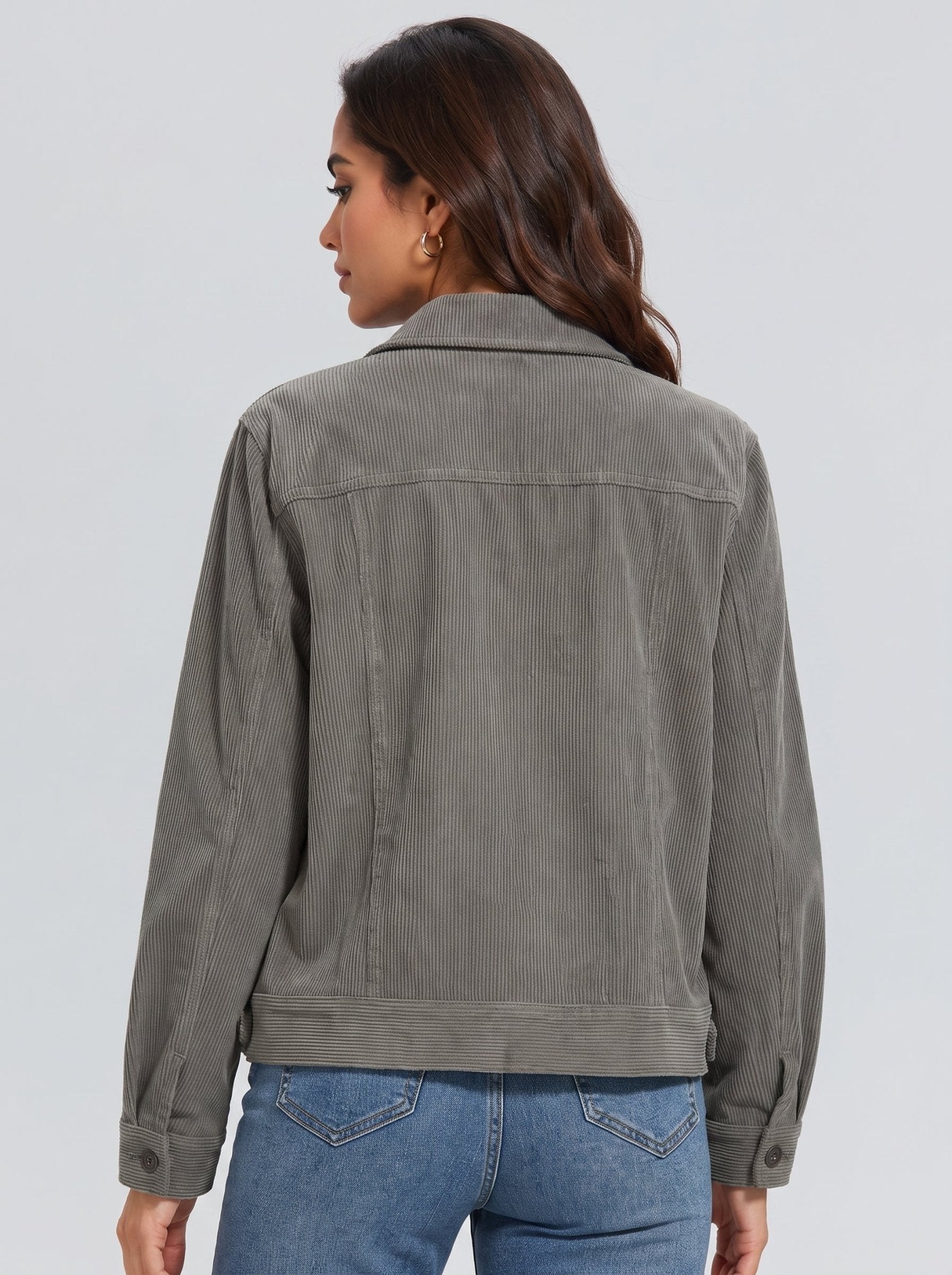 YUCOLEN Women's Lightweight Cropped Corduroy Shacket with 4 Pockets Button Down Casual Jacket in Dark Grey