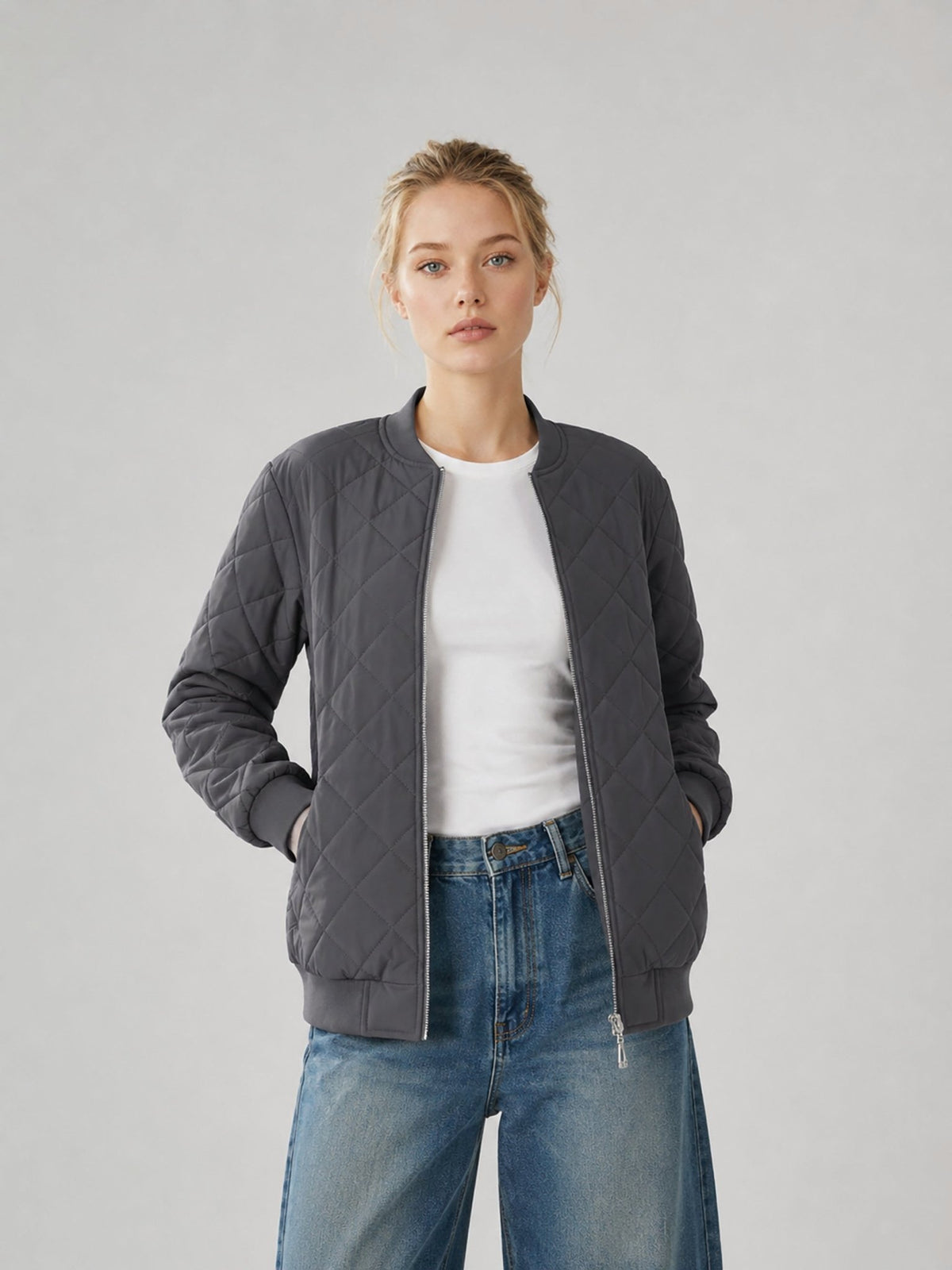 YUCOLEN Women's Lightweight Diamond Quilted Bomber Jacket with Secure Zip Pockets in Dark Grey