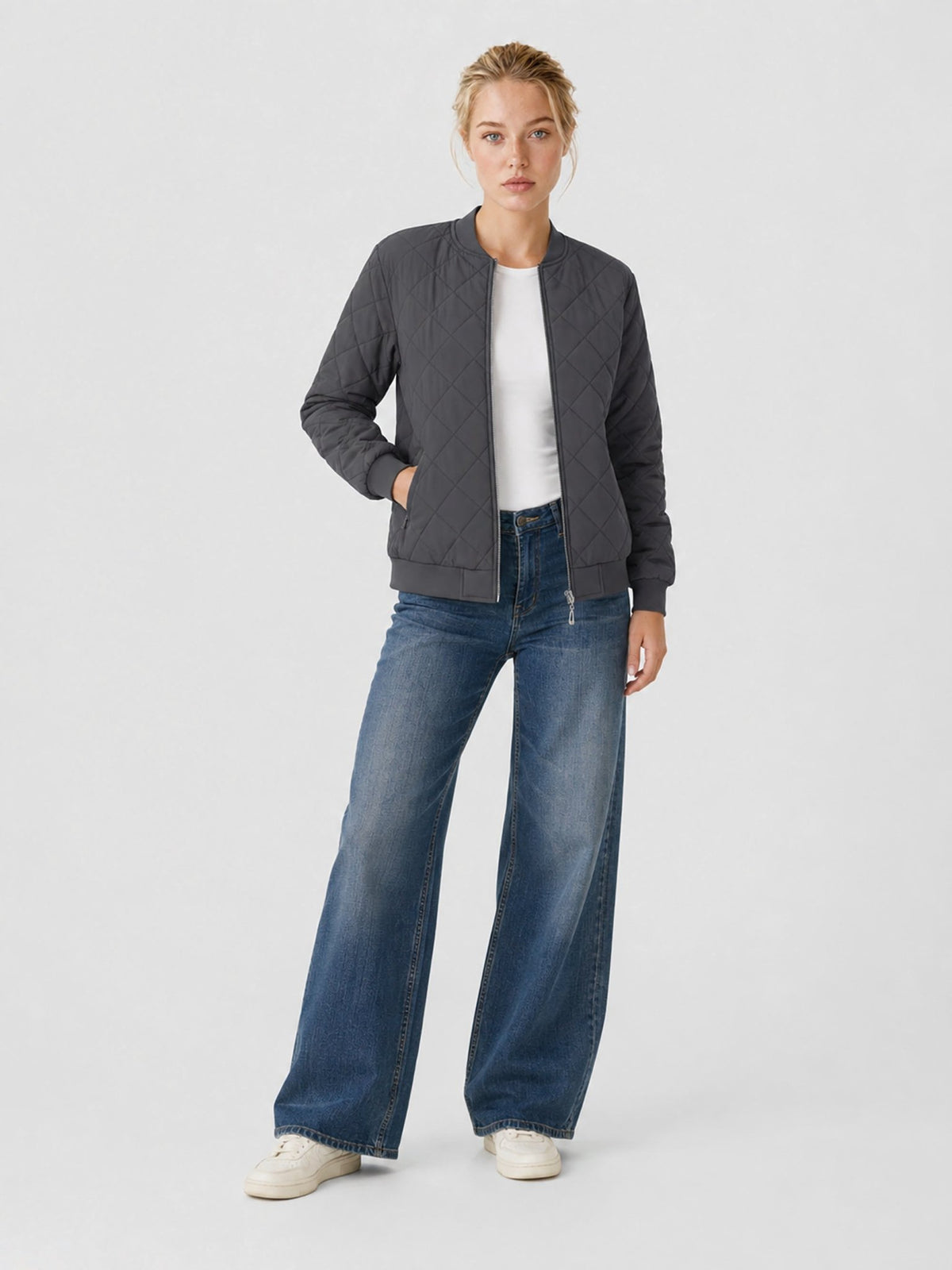 YUCOLEN Women's Lightweight Diamond Quilted Bomber Jacket with Secure Zip Pockets in Dark Grey