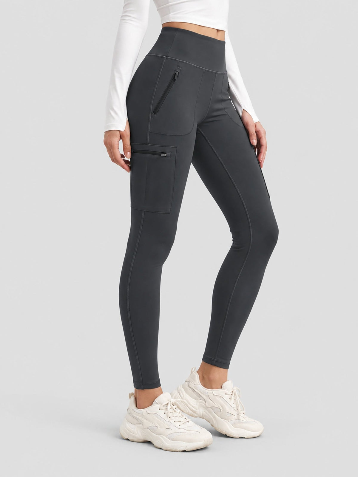 YUCOLEN Women's Outdoor Stretch Leggings with High Waist and Pockets in Dark Grey
