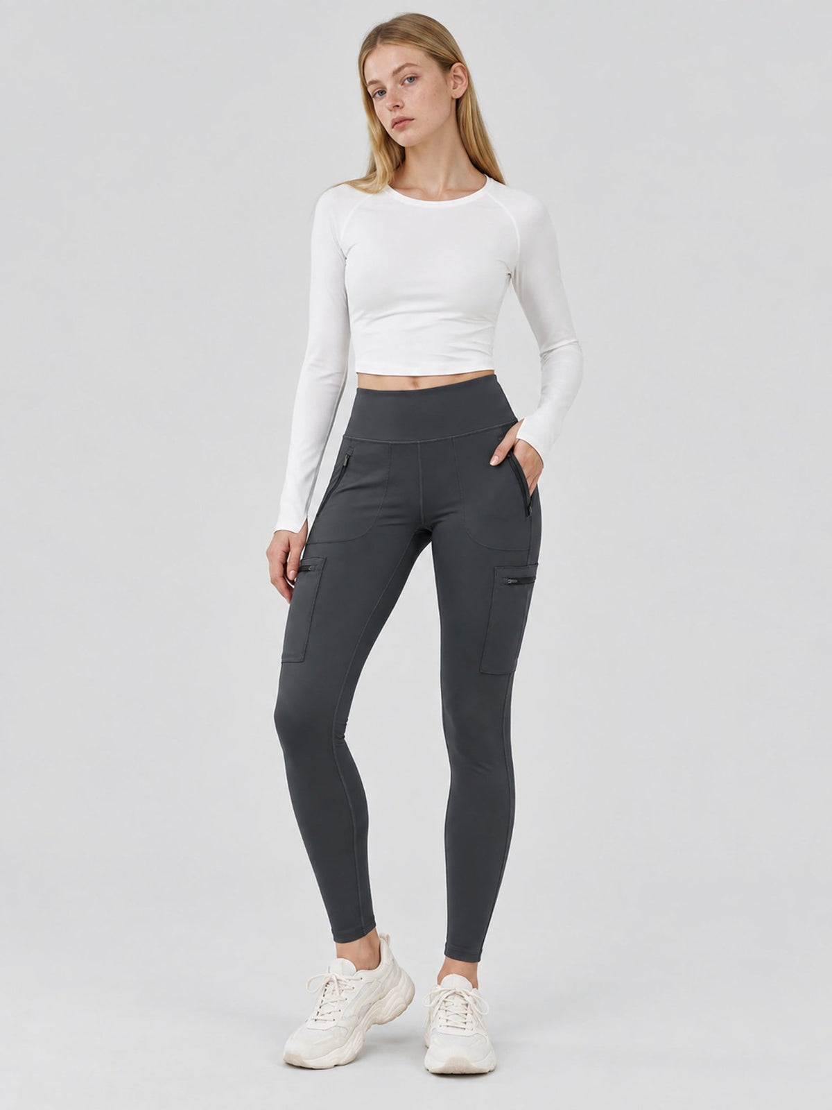 YUCOLEN Women's Outdoor Stretch Leggings with High Waist and Pockets in Dark Grey