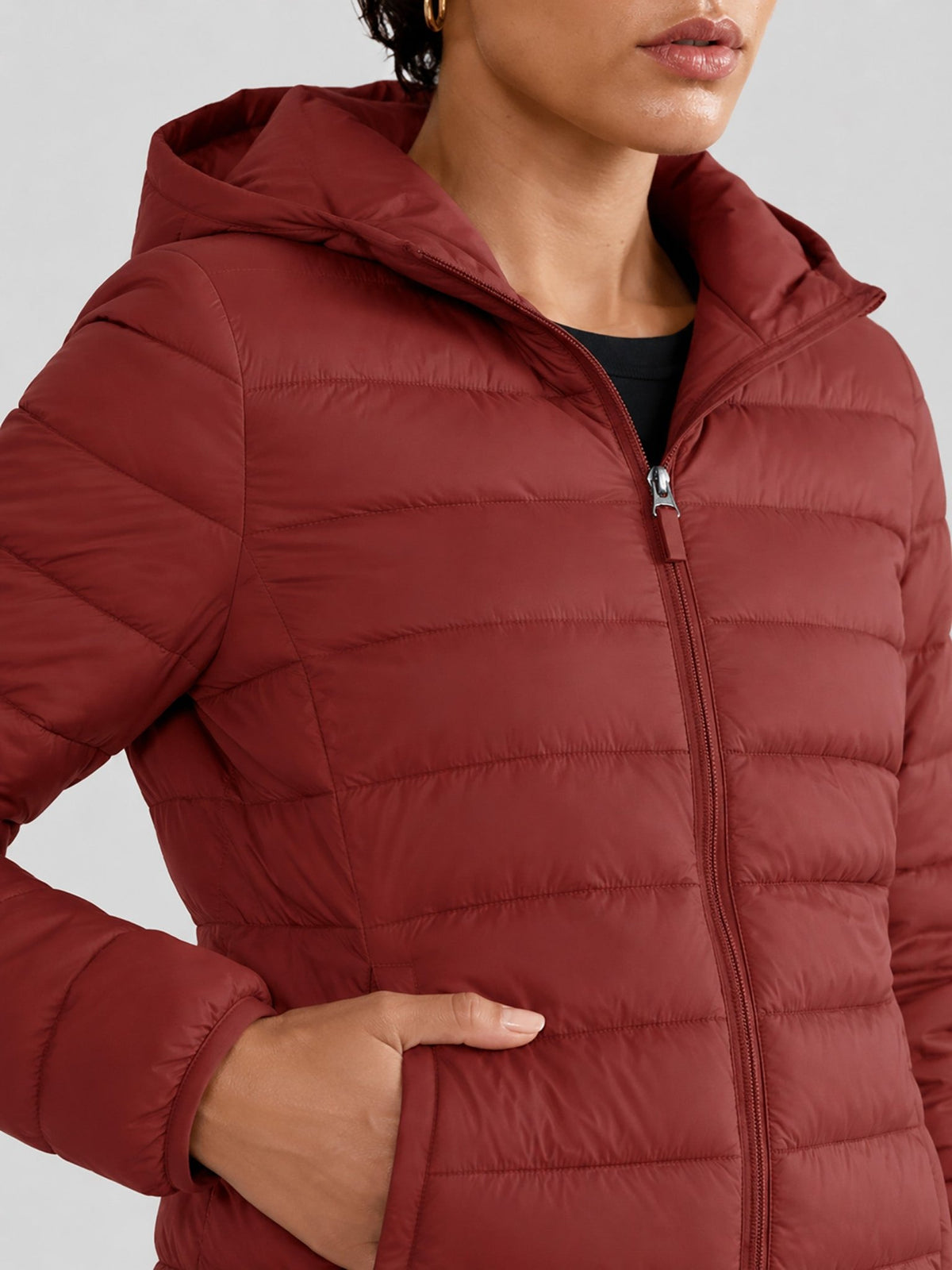 YUCOLEN Women Lightweight Hooded Jacket Water-Resistant Quilted Outdoor Coat in Dark Orange