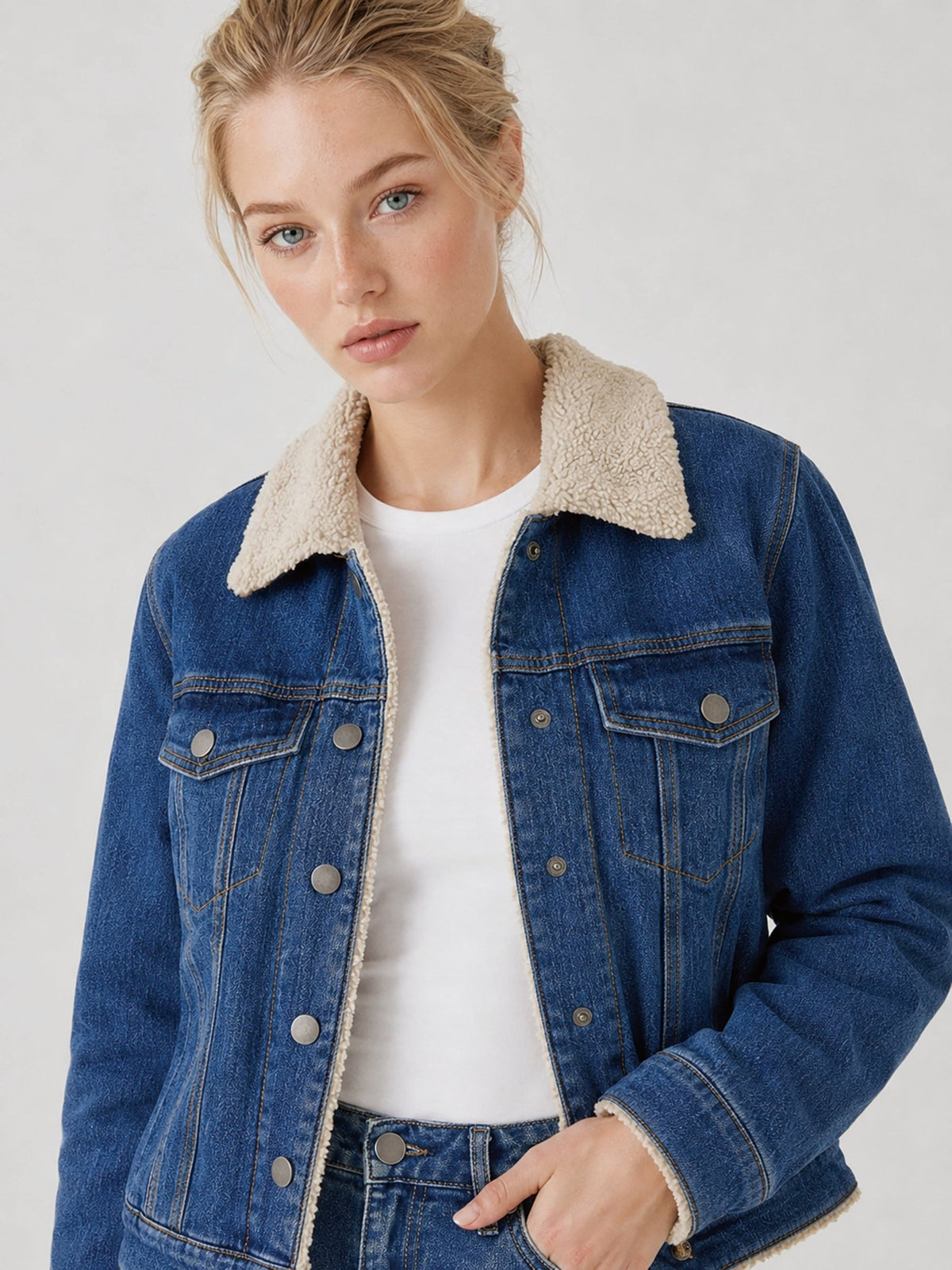 YUCOLEN Women's Warm Sherpa Lined Denim Jacket with Fleece Collar and Pockets in Denim Blue