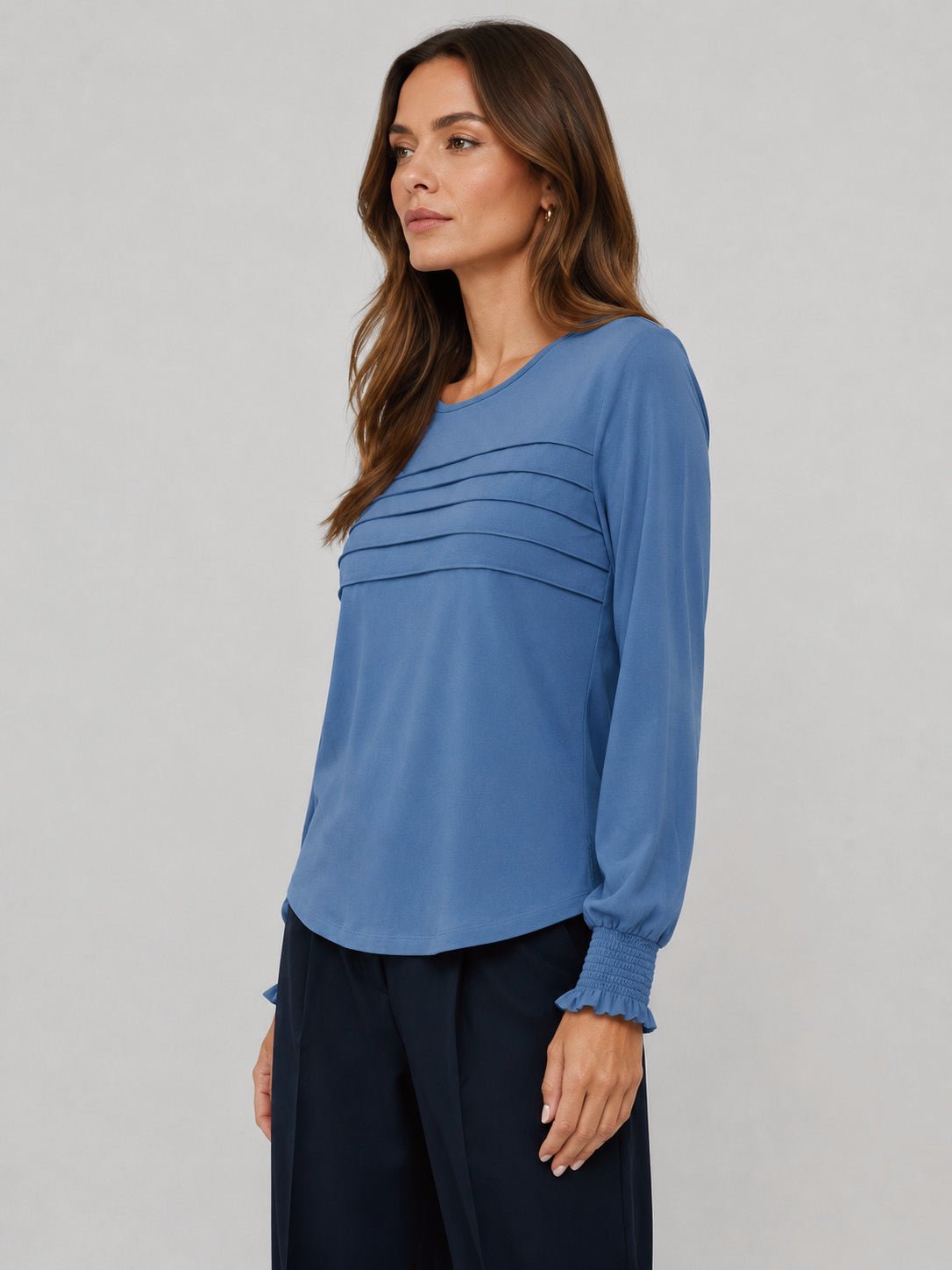 YUCOLEN Women's Lantern Sleeve Pleated Blouse Soft Cotton Rayon Dressy Top in Dusty Blue