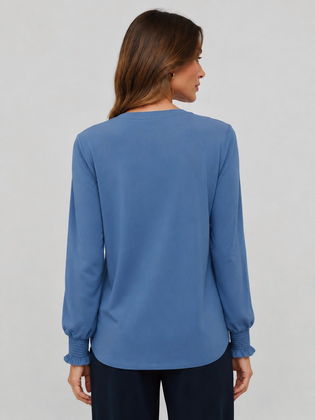 YUCOLEN Women's Lantern Sleeve Pleated Blouse Soft Cotton Rayon Dressy Top in Dusty Blue