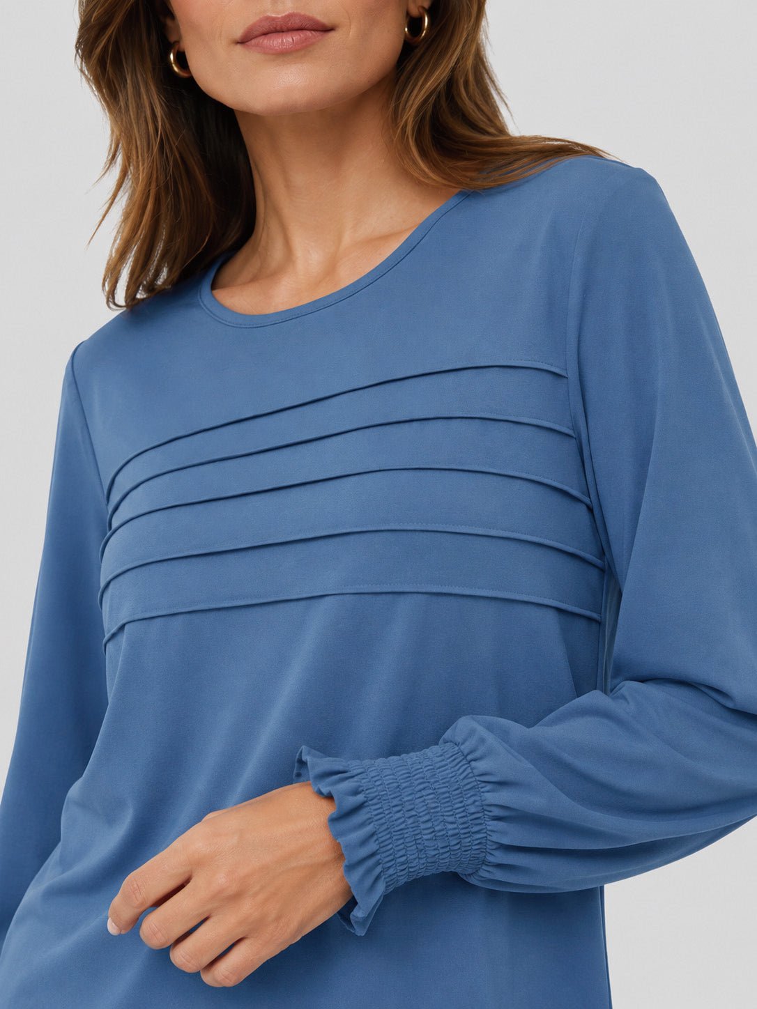 YUCOLEN Women's Lantern Sleeve Pleated Blouse Soft Cotton Rayon Dressy Top in Dusty Blue