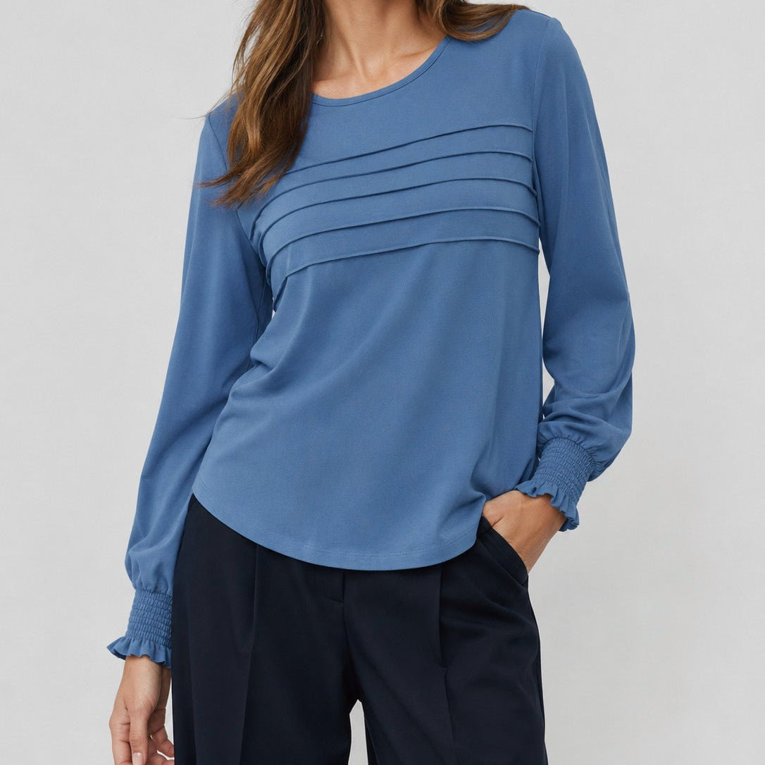 YUCOLEN Women's Lantern Sleeve Pleated Blouse Soft Cotton Rayon Dressy Top in Dusty Blue