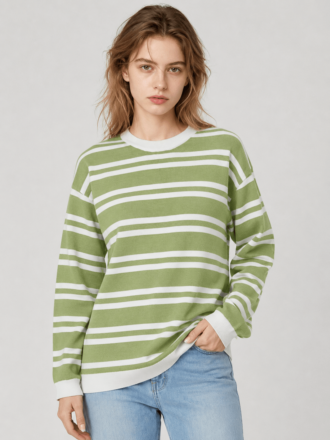 YUCOLEN Women's Striped Crewneck Sweater Soft Knit Casual Loose Fit Pullover for Fall Winter in Grass