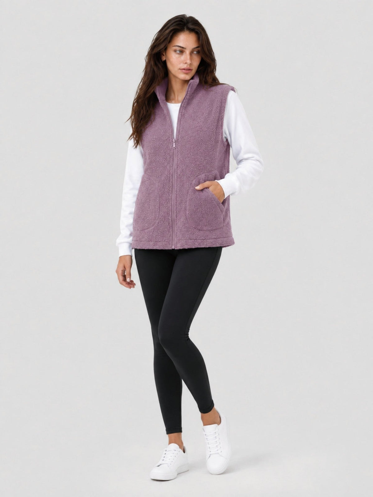 YUCOLEN Women's Sherpa Fleece Vest Fuzzy Zip Up Sleeveless Jacket with 4 Pockets in Gray Purple
