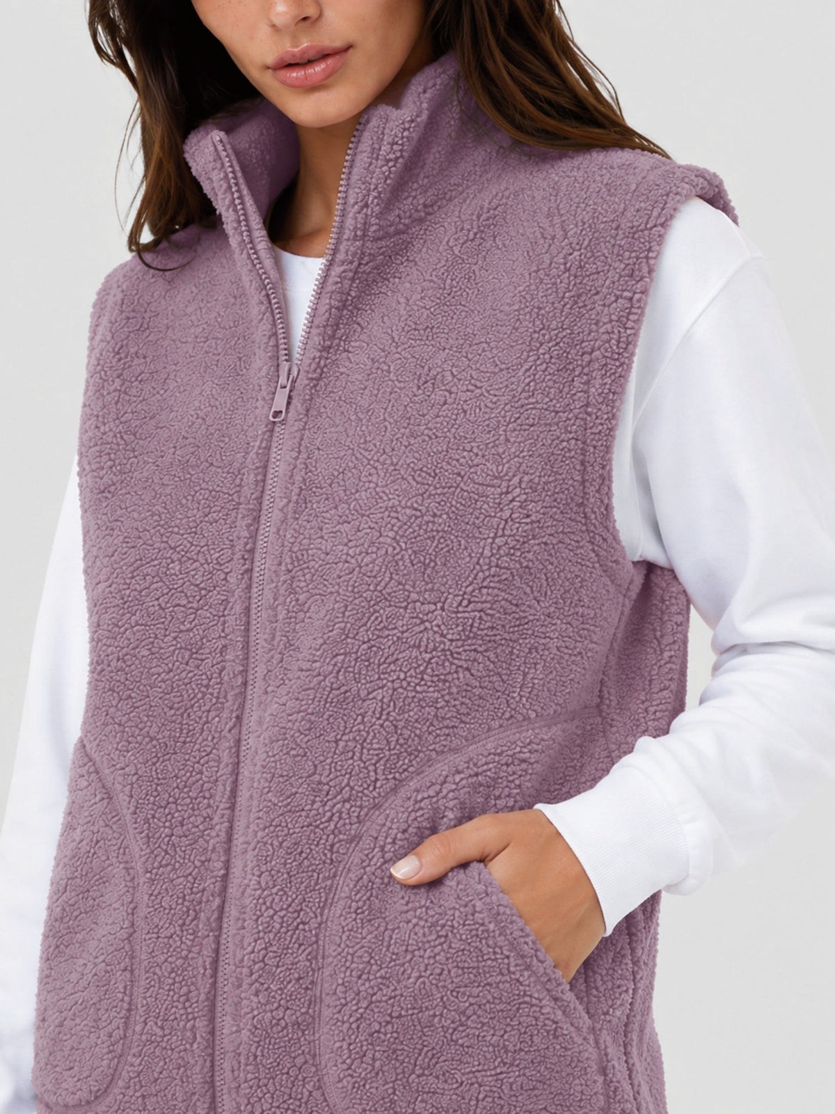 YUCOLEN Women's Sherpa Fleece Vest Fuzzy Zip Up Sleeveless Jacket with 4 Pockets in Gray Purple