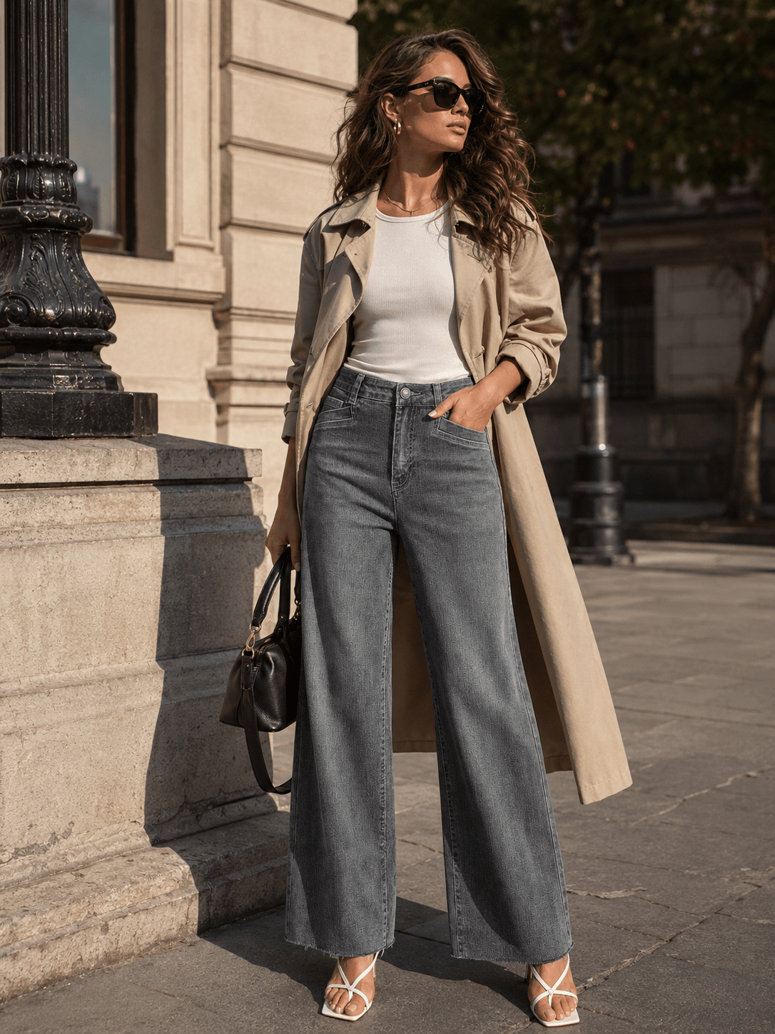 YUCOLEN Women's High Waisted Wide Leg Jeans Stretchy Vintage Loose Denim Pants in Gray