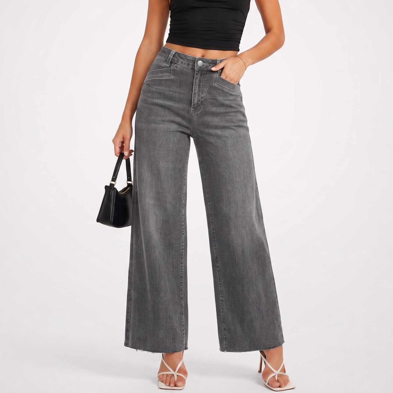 YUCOLEN Women's High Waisted Wide Leg Jeans Stretchy Vintage Loose Denim Pants in Gray