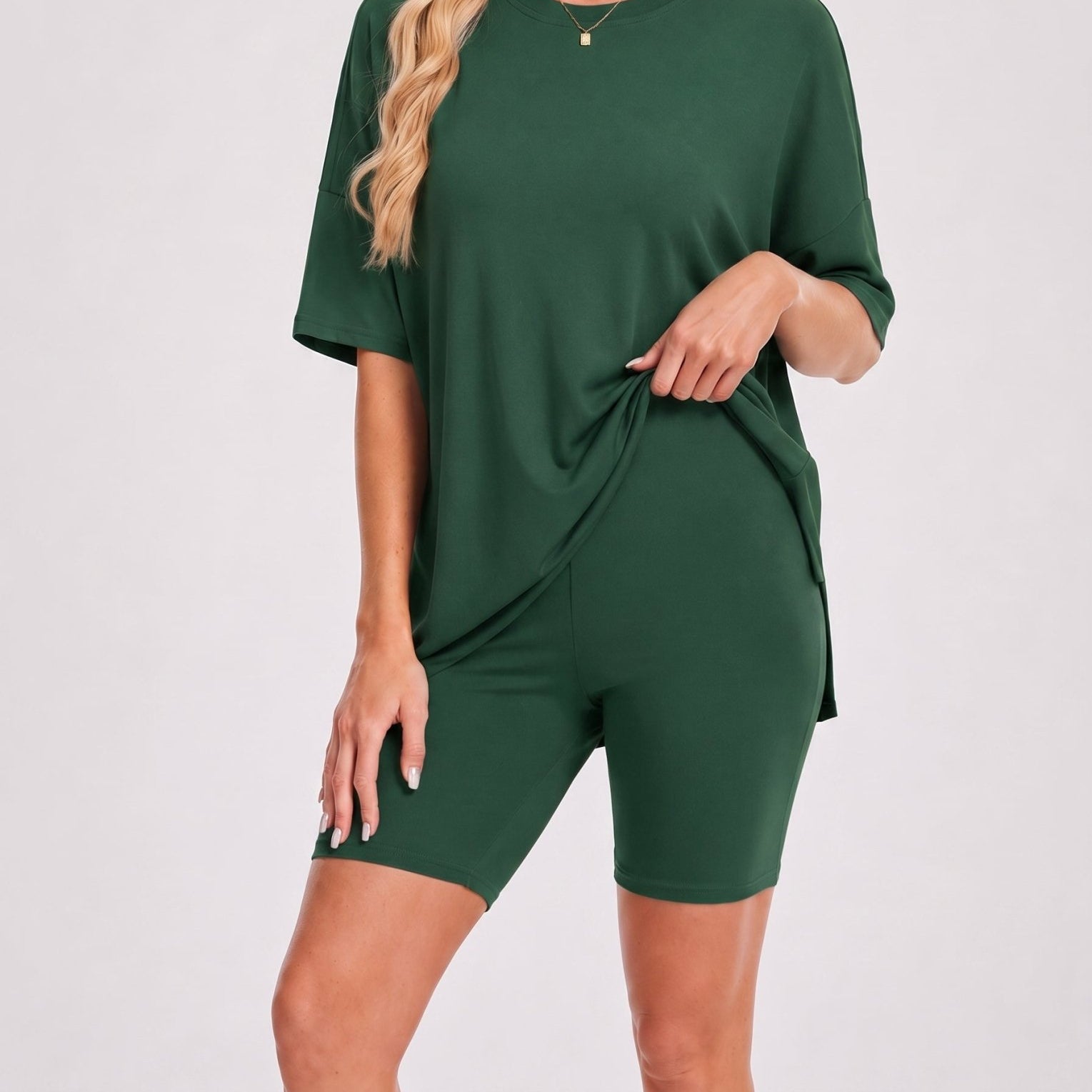 YUCOLEN Women's 2 Piece Oversized Lounge Set Matching Shorts and Tee Summer Casual Travel Athleisure Outfit in Green