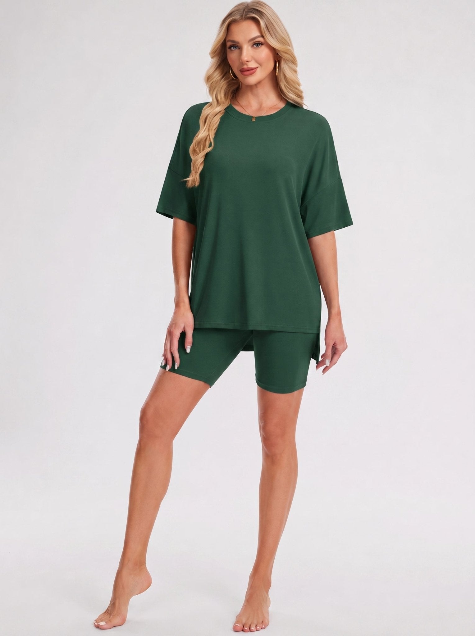 YUCOLEN Women's 2 Piece Oversized Lounge Set Matching Shorts and Tee Summer Casual Travel Athleisure Outfit in Green