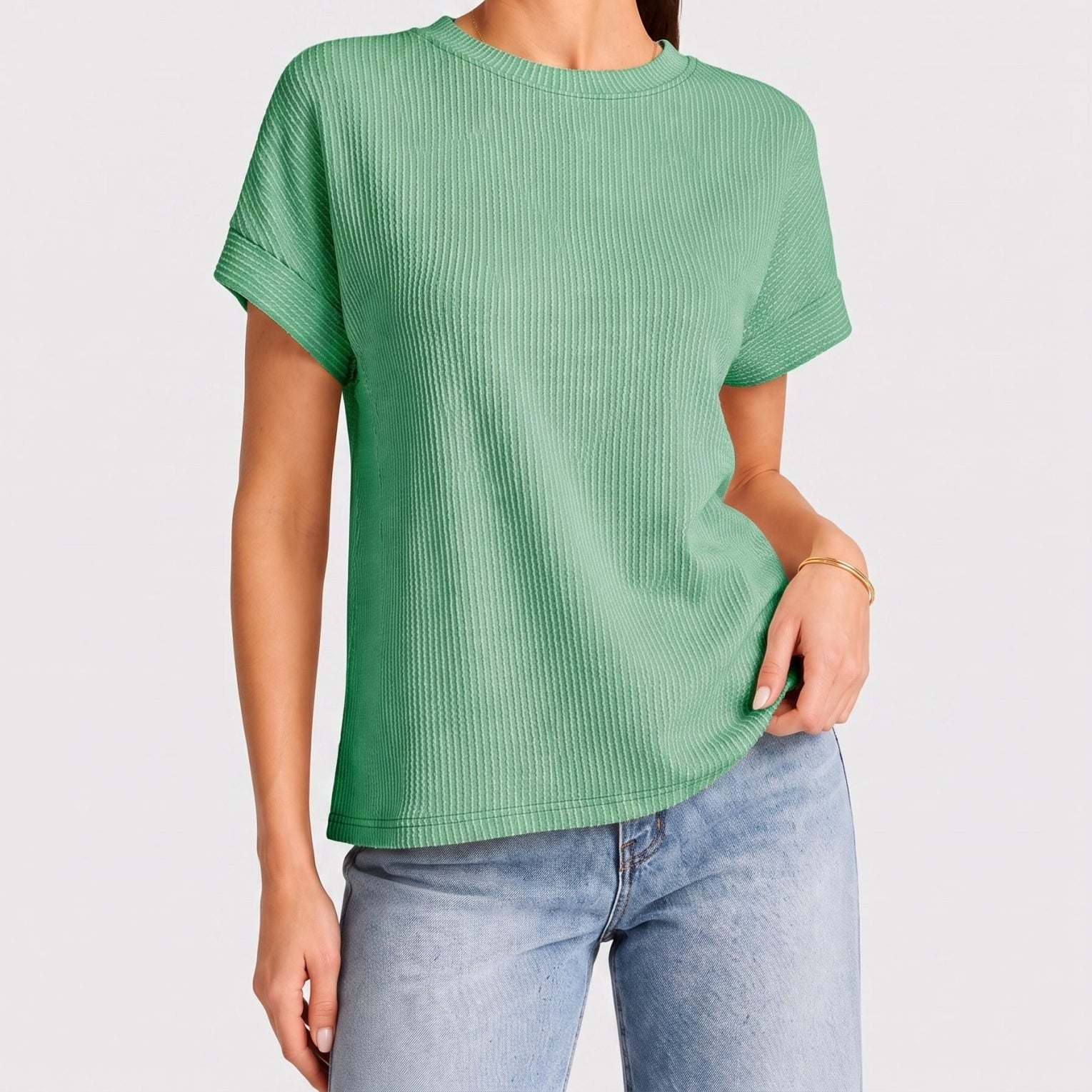 YUCOLEN Women's Oversized Ribbed Knit Short Sleeve T-Shirt Loose Batwing Casual Top in Green