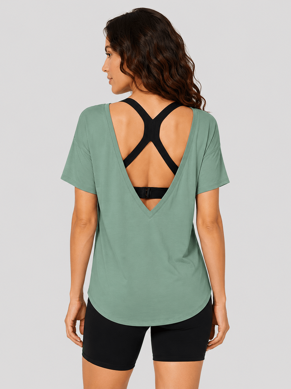 YUCOLEN Women's Reversible Workout Tee Open Back Loose Fit Athletic Shirt in Green