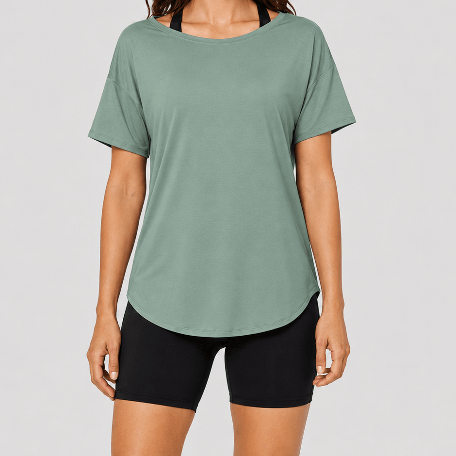YUCOLEN Women's Reversible Workout Tee Open Back Loose Fit Athletic Shirt in Green