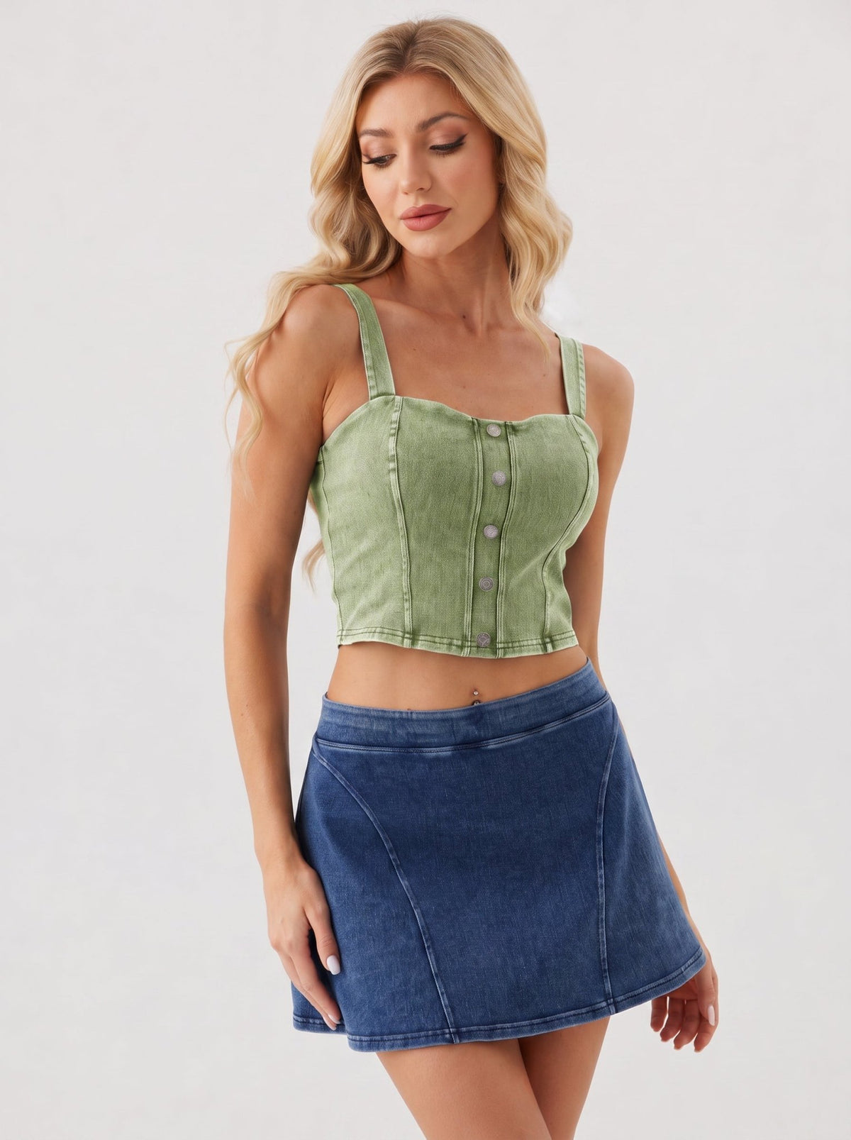 YUCOLEN Women's Square Neck Denim Look Tank Top with Built-in Bra Slim Fit Crop Workout Top in Green
