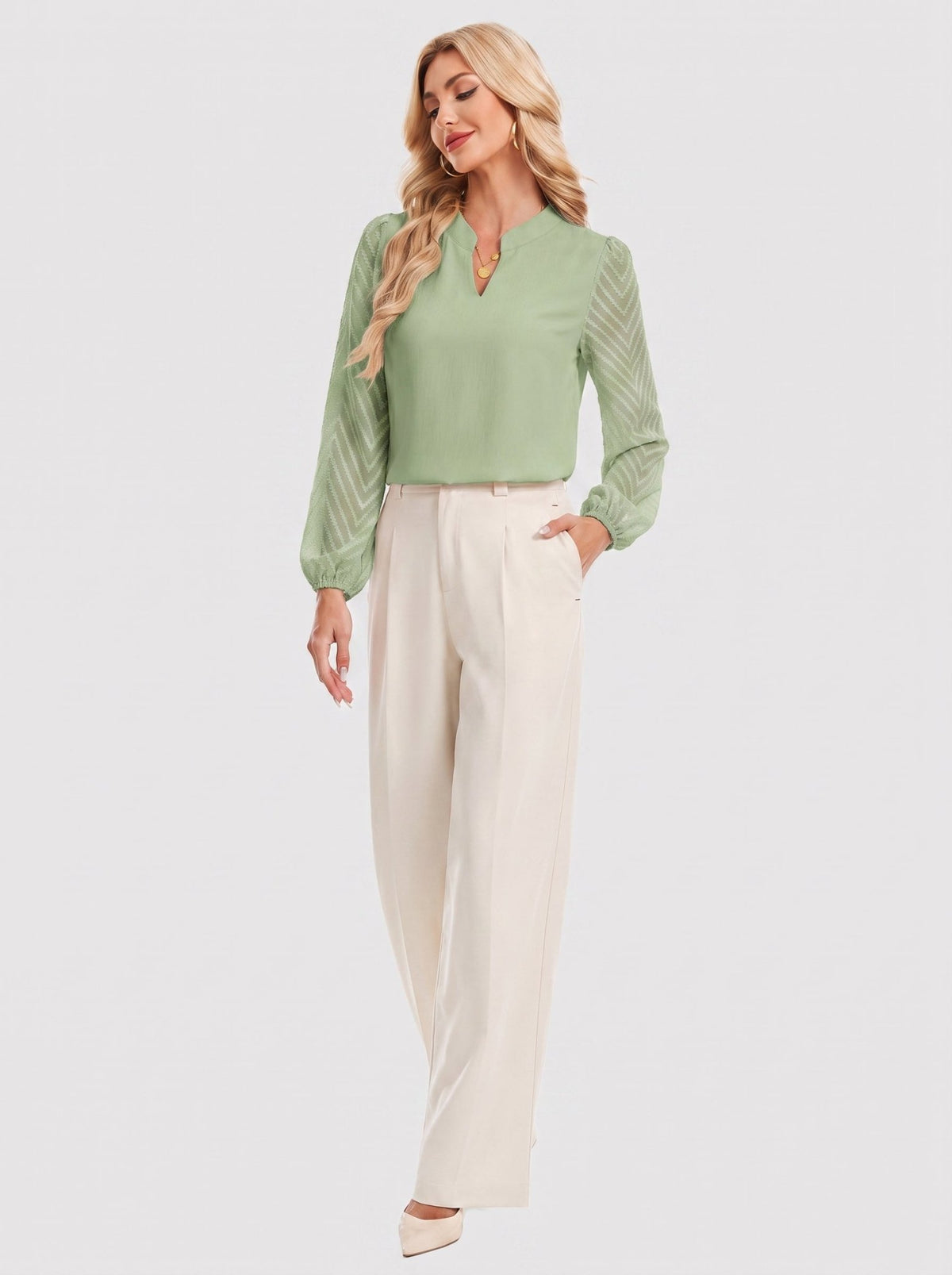 YUCOLEN Women's V Neck Chiffon Blouse with Lace Puff Sleeves Dressy Casual Work Tops in Green