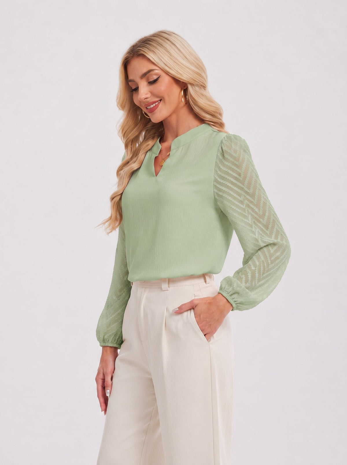 YUCOLEN Women's V Neck Chiffon Blouse with Lace Puff Sleeves Dressy Casual Work Tops in Green