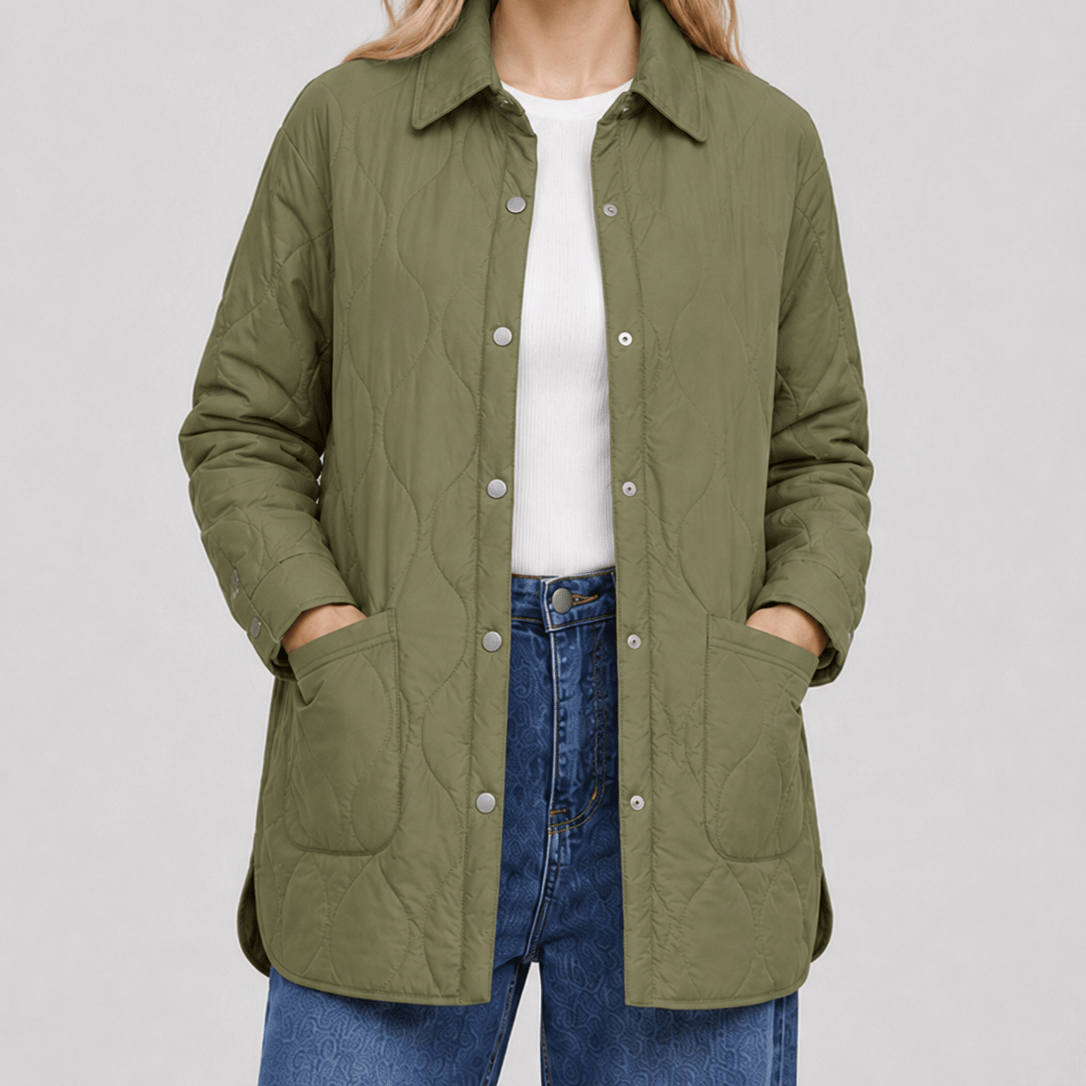 YUCOLEN Women's Water Ripple Quilted Shacket Lightweight Button Down Coat with Pockets in Green
