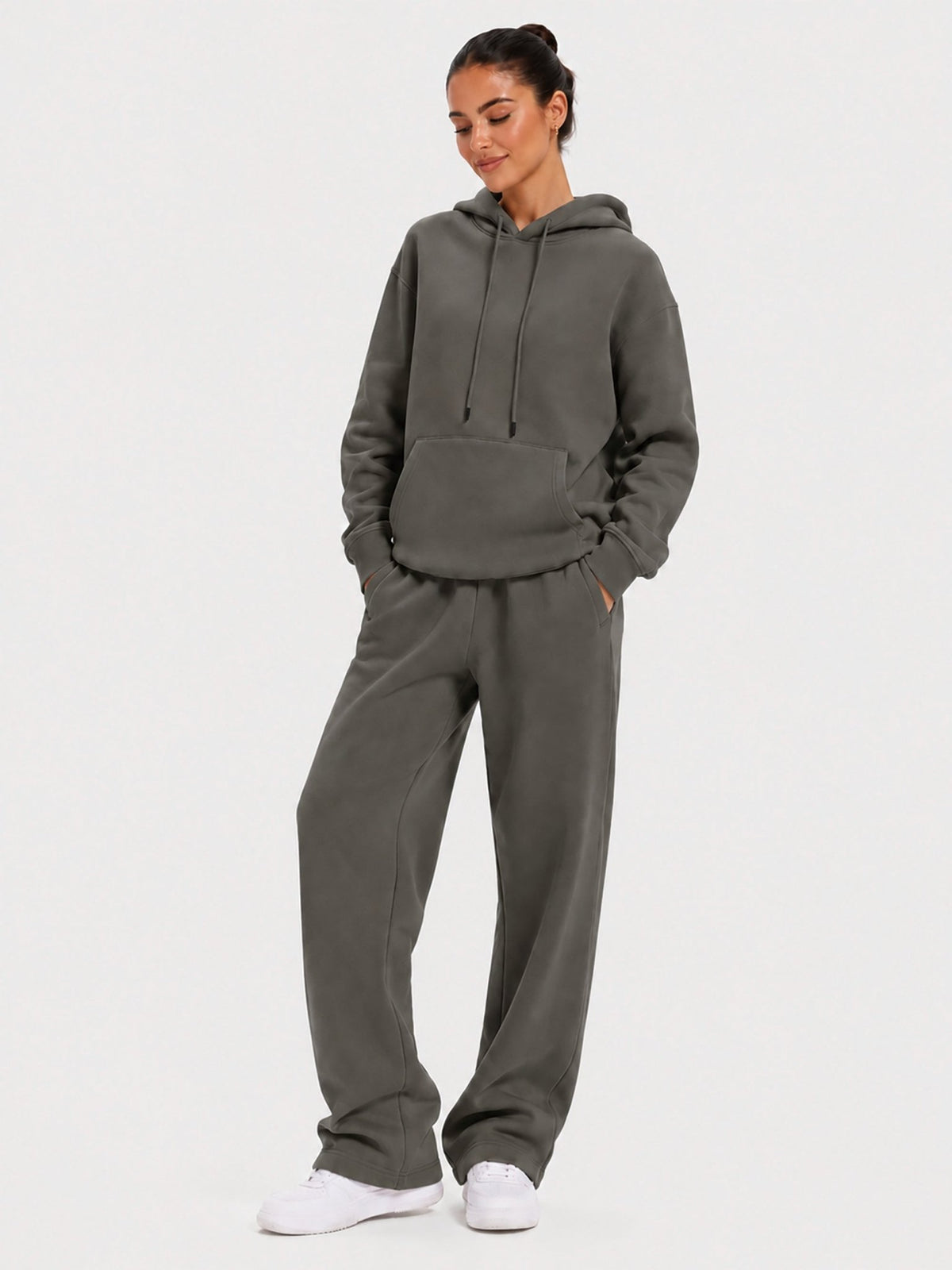 YUCOLEN Unisex Oversized Cotton Fleece Hoodie with Kangaroo Pocket in Grey brown