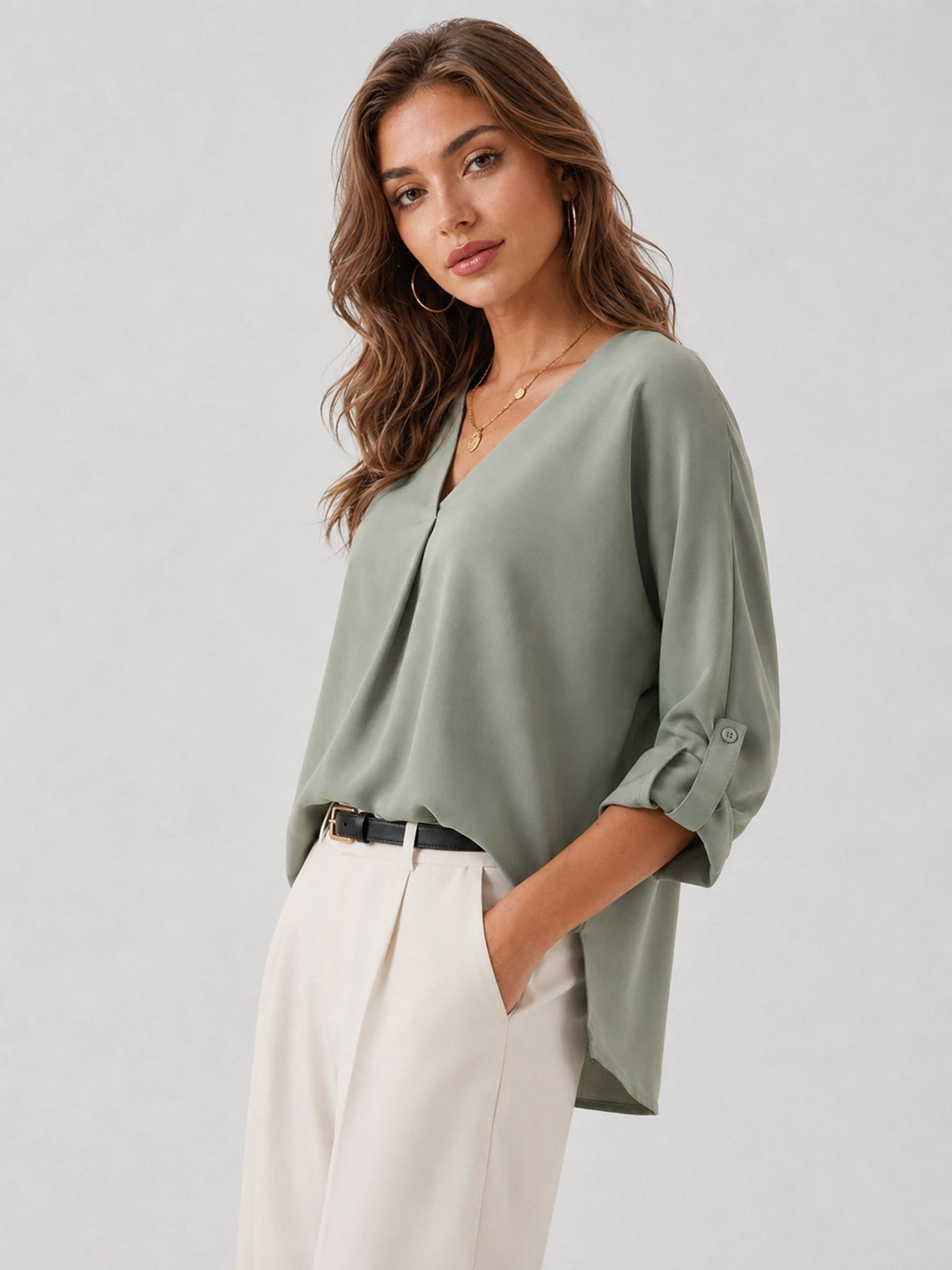 YUCOLEN Women's Lightweight V-Neck Flowy Blouse with 3/4 Flutter Sleeves in Grey Green