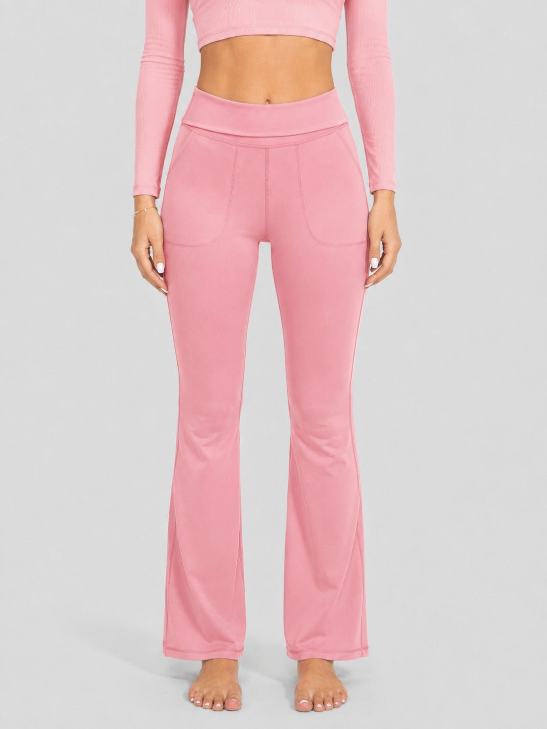 YUCOLEN Women's Flare Yoga Pants Foldover High Waist Bootcut Leggings with Pockets in Grey Pink