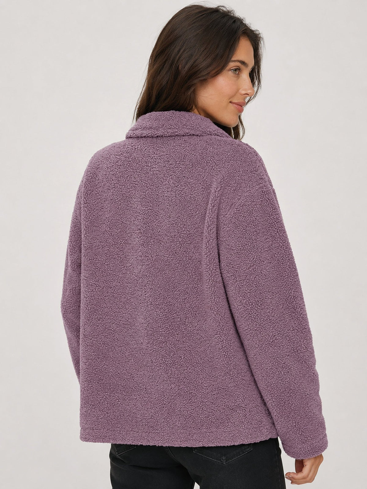 YUCOLEN Women‘s Button Down Fleece Jacket Soft Fuzzy Lapel Collar Coat with Pockets in Grey Purple