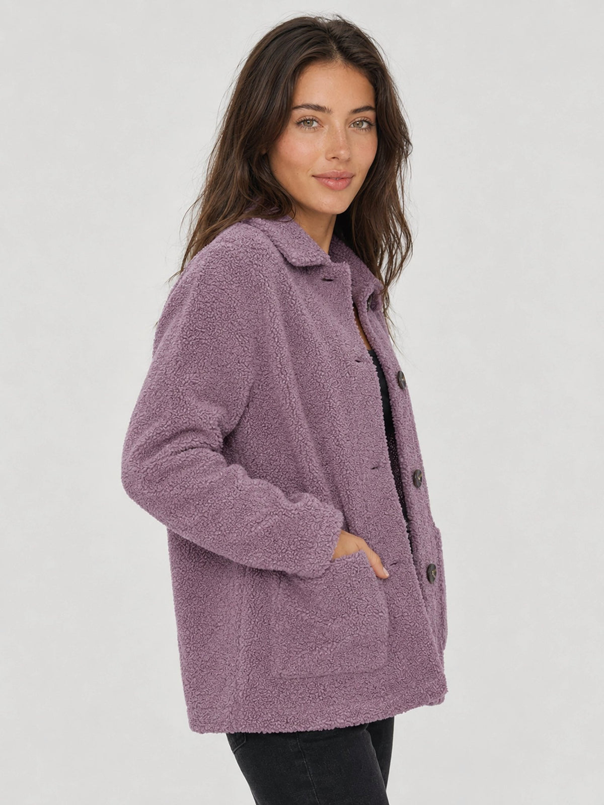 YUCOLEN Women‘s Button Down Fleece Jacket Soft Fuzzy Lapel Collar Coat with Pockets in Grey Purple