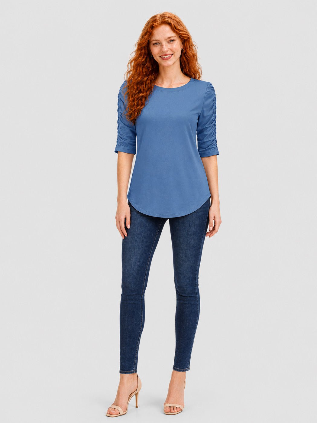 YUCOLEN Women's Puff Half Sleeve Tri-blend Top Casual Blouse in Hazy Blue