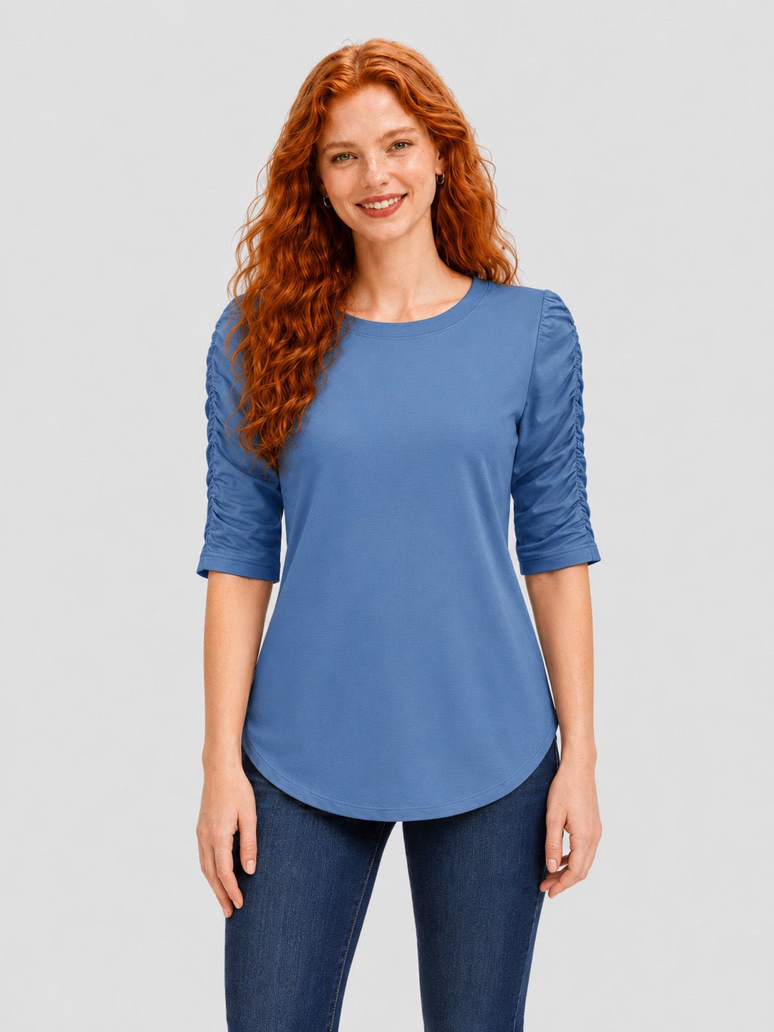 YUCOLEN Women's Puff Half Sleeve Tri-blend Top Casual Blouse in Hazy Blue