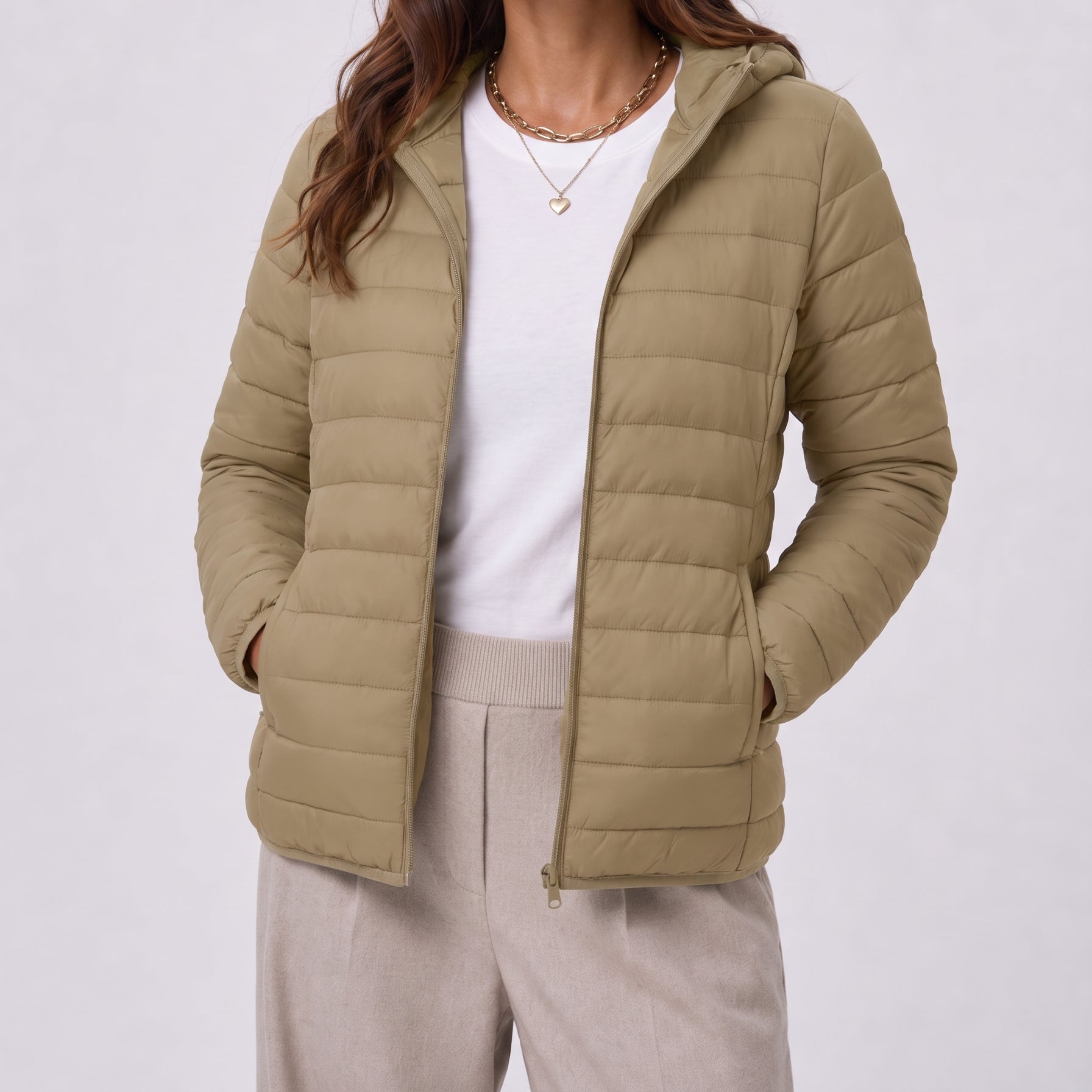Women Lightweight Hooded Jacket Water-Resistant Quilted Outdoor Coat