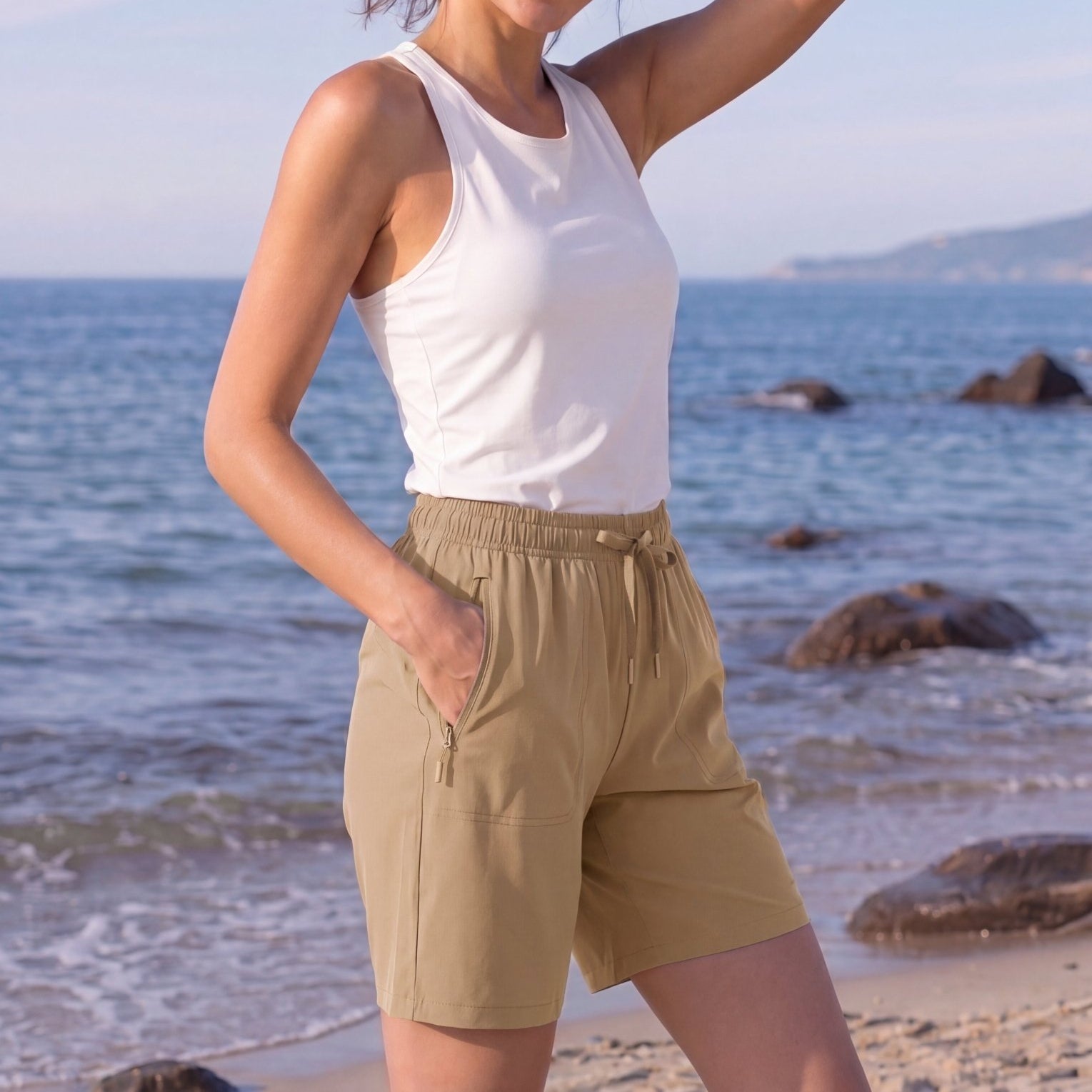 YUCOLEN Women 8 Inch Inseam Hiking Shorts - Water Resistant Quick Dry Golf Shorts with Zipper Pockets in Khaki