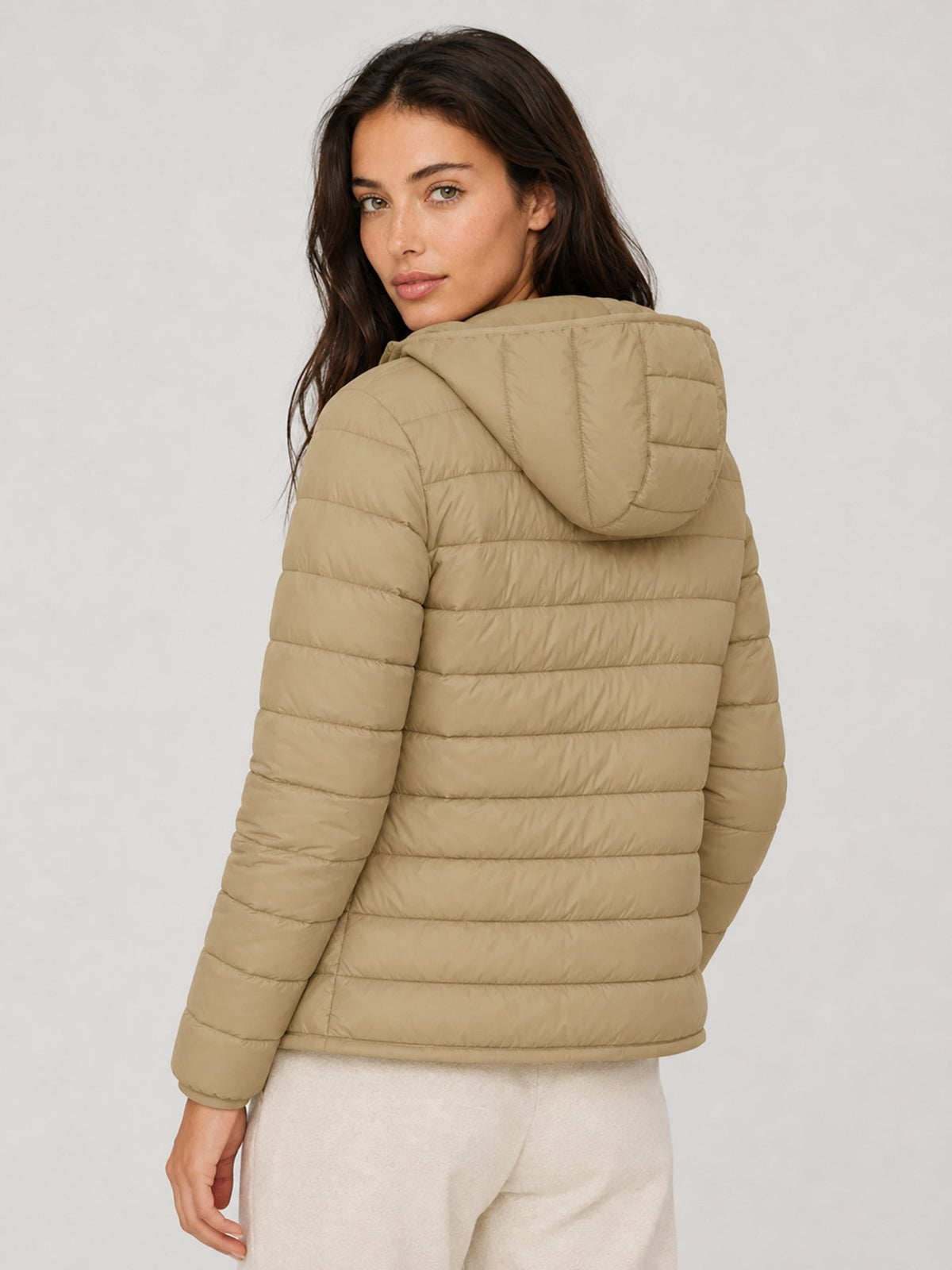 YUCOLEN Women Lightweight Hooded Jacket Water-Resistant Quilted Outdoor Coat in Khaki