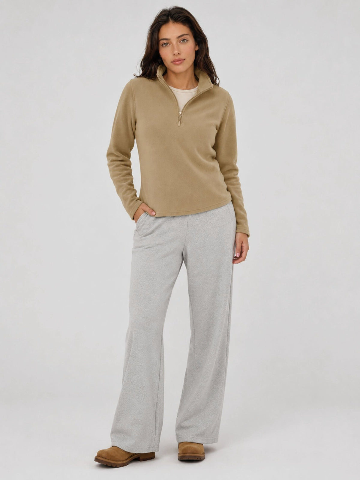 YUCOLEN Women's Quarter Zip Polar Fleece Pullover Lightweight Warm Sweatshirt in Khaki