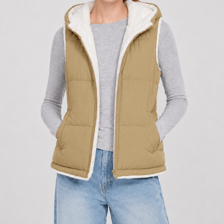 YUCOLEN Women's Reversible Puffer Fleece Lined Hooded Vest in Khaki
