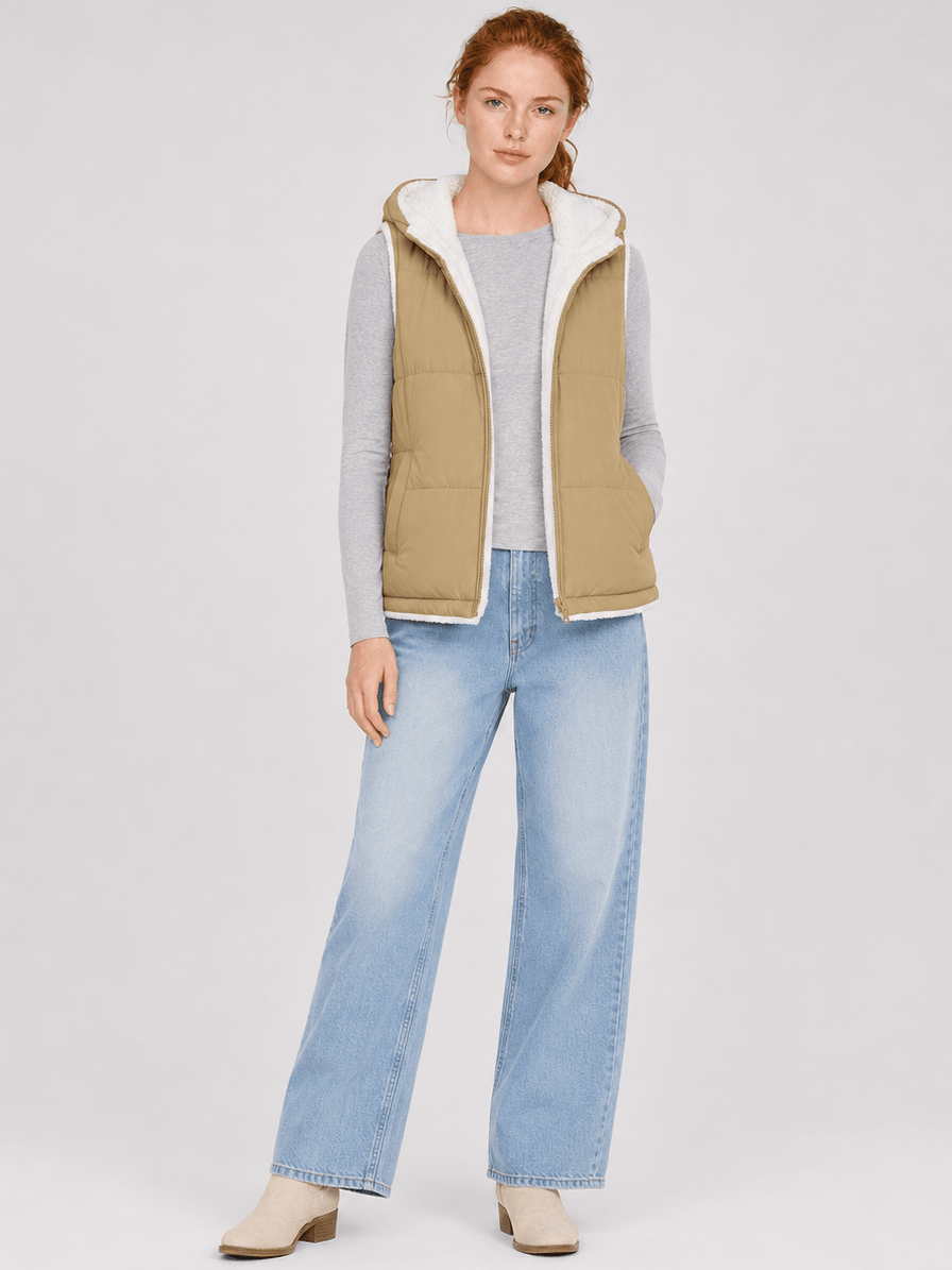 YUCOLEN Women's Reversible Puffer Fleece Lined Hooded Vest in Khaki